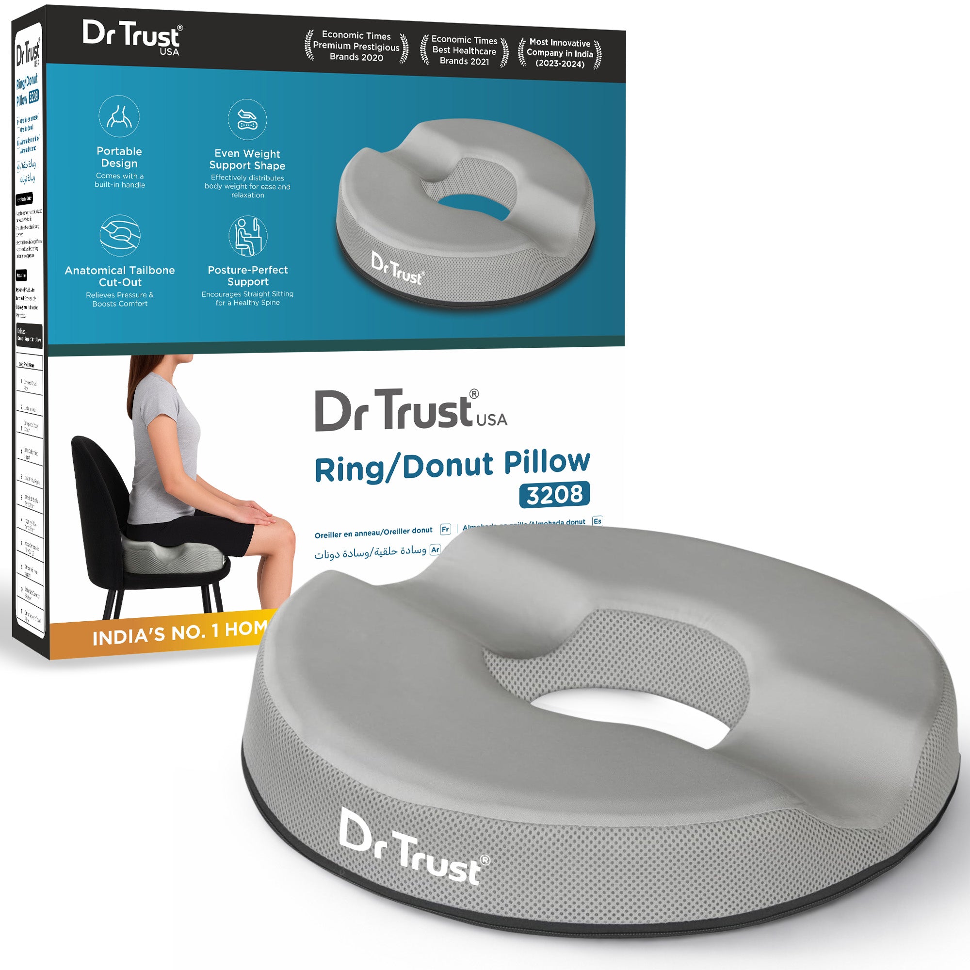 Dr Trust USA 3208 Orthopedic Donut Pillow for Tailbone Pain Relief Ergonomic Ring Cushion Seat for Piles, Hemorrhoids, Postpartum Recovery & Coccyx Support Sitting Cushion for Office Chair, Car & Wheelchair