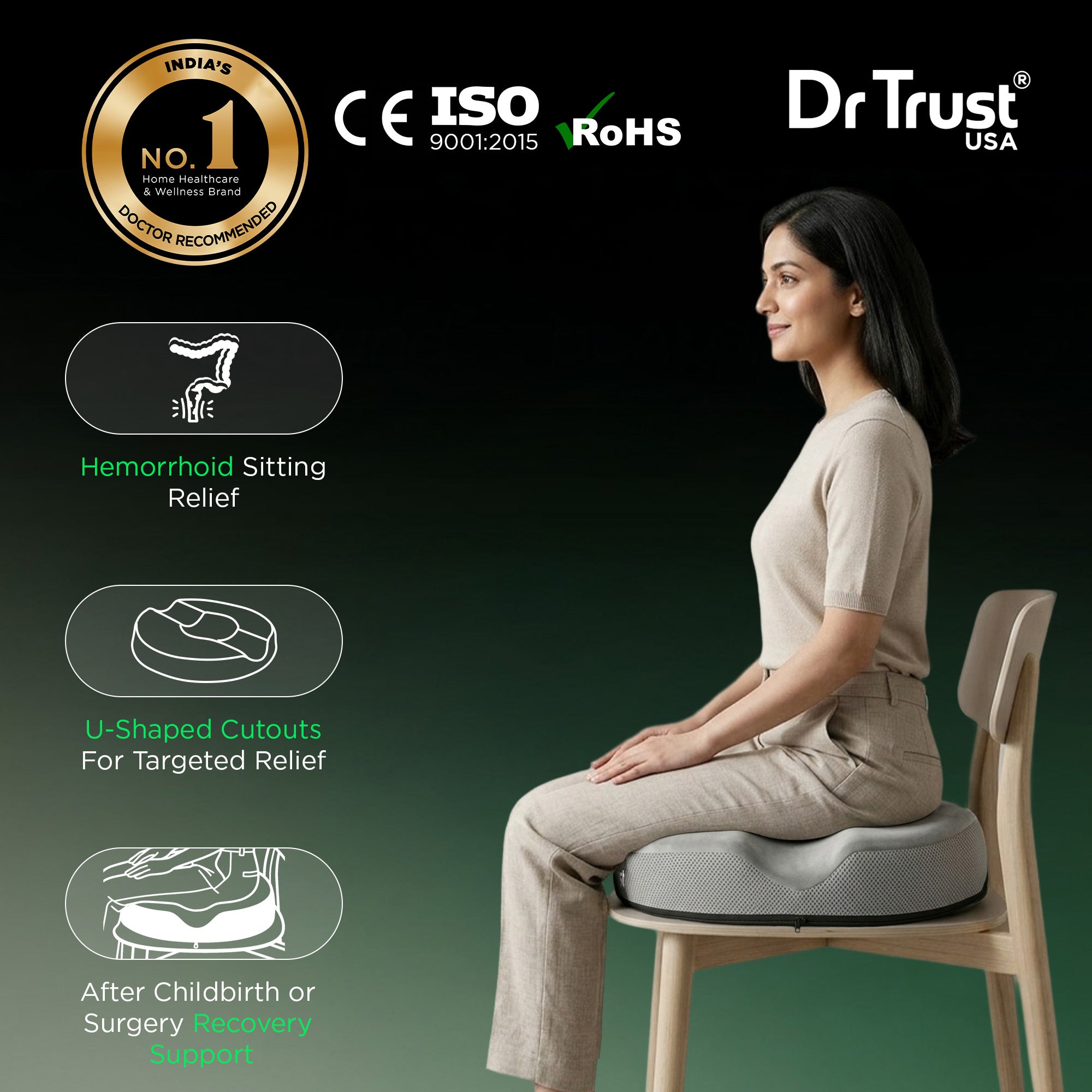 Dr Trust USA 3208 Orthopedic Donut Pillow for Tailbone Pain Relief Ergonomic Ring Cushion Seat for Piles, Hemorrhoids, Postpartum Recovery & Coccyx Support Sitting Cushion for Office Chair, Car & Wheelchair