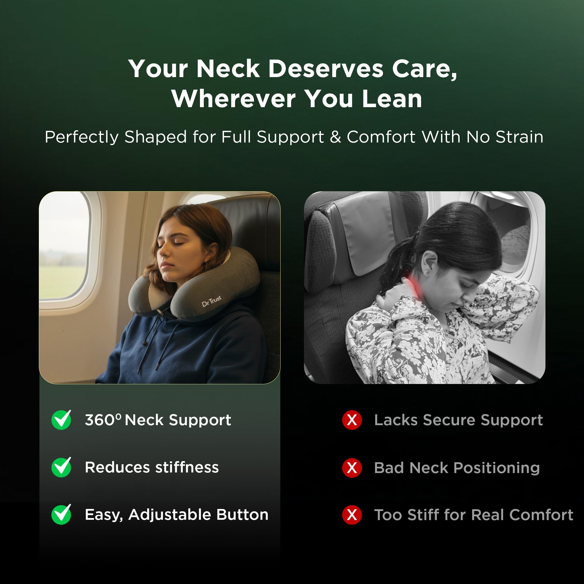 Dr Trust USA 3209 Travel Pillow for Neck & Head Support Soft Memory Foam Travelling Pillow for Comfortable Sleeping in Airplane, Train, and Car, Lightweight, Carry Bag Included