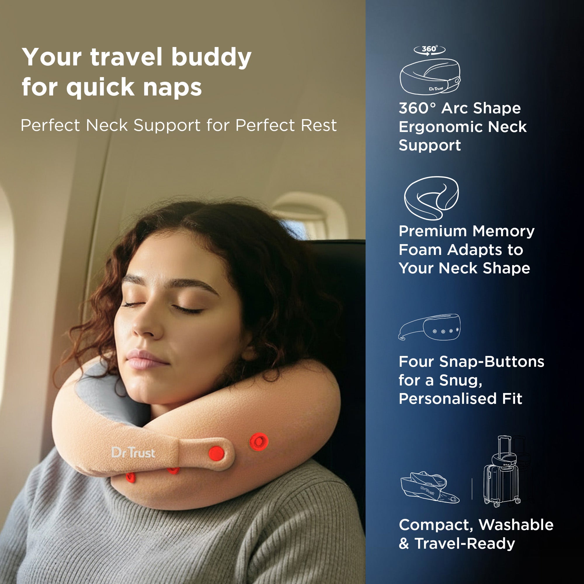 Dr Trust USA Cocoon 3205 Travel Neck Pillow 360° Ergonomic Support for Car, Flight & Train Comfortable Memory Foam Pillow with 4 Adjustable Buttons – Pink Voyager