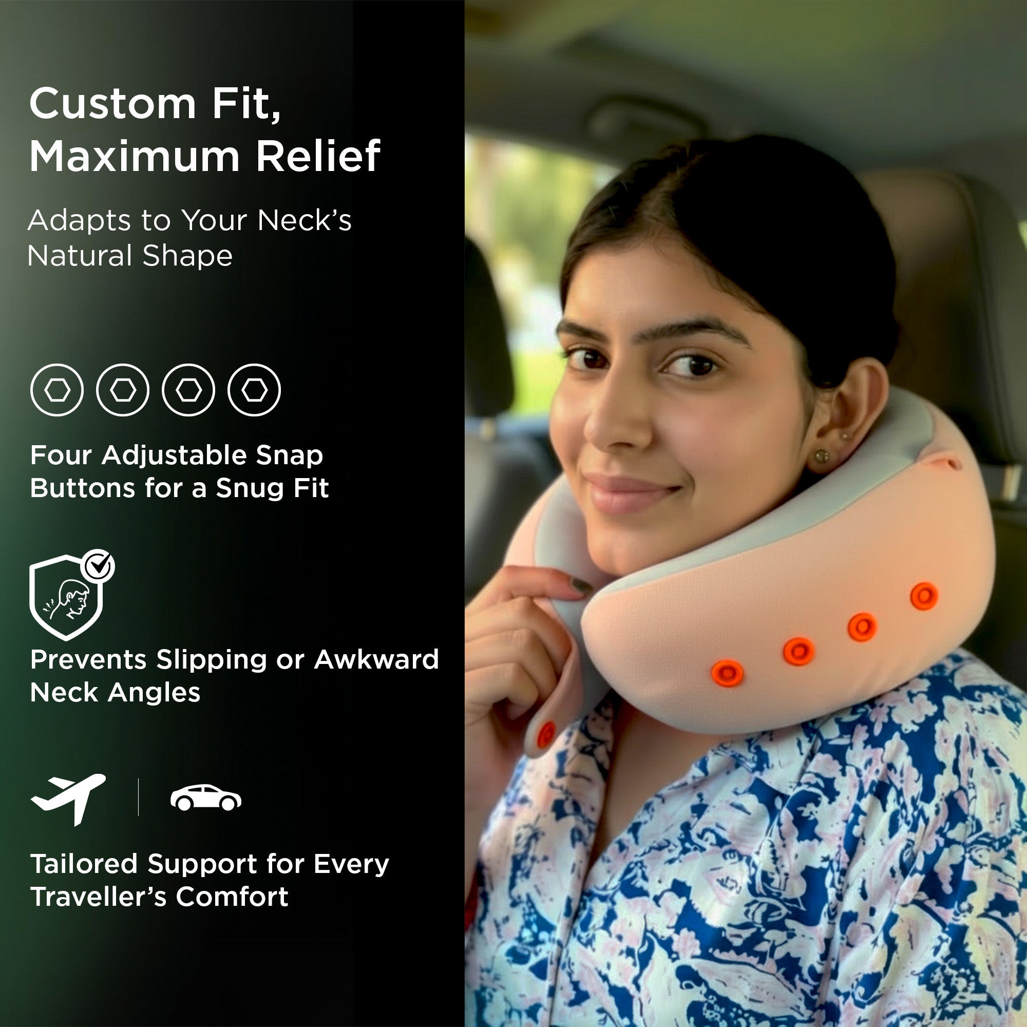 Dr Trust USA Cocoon 3205 Travel Neck Pillow 360° Ergonomic Support for Car, Flight & Train Comfortable Memory Foam Pillow with 4 Adjustable Buttons – Pink Voyager