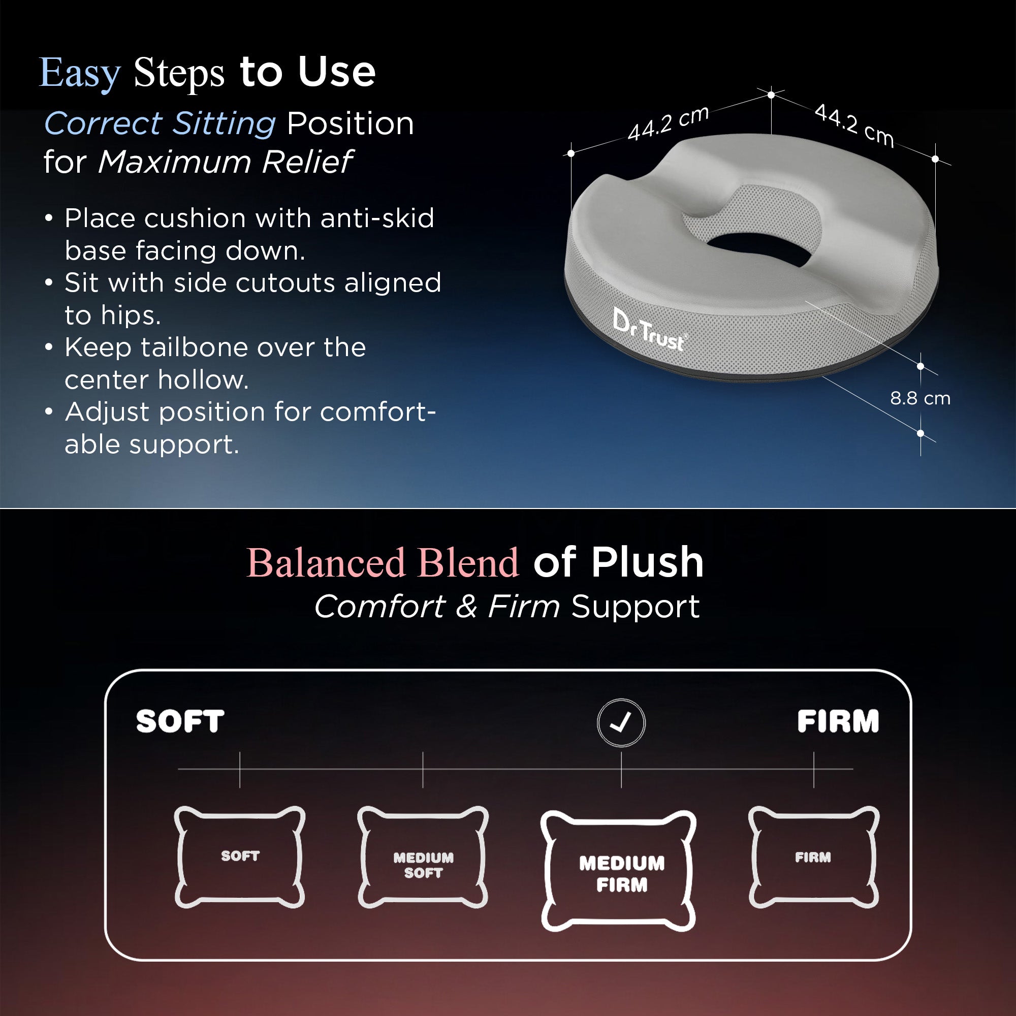 Dr Trust USA 3208 Orthopedic Donut Pillow for Tailbone Pain Relief Ergonomic Ring Cushion Seat for Piles, Hemorrhoids, Postpartum Recovery & Coccyx Support Sitting Cushion for Office Chair, Car & Wheelchair