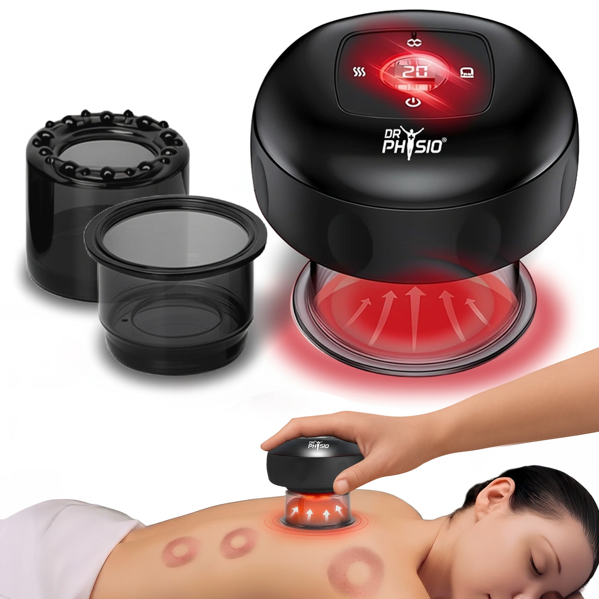 Dr Physio USA 1054 Advanced 5-in-1 Electric Cupping Massager, 12-Level Heat & Suction, Red Light Therapy for Muscle Relaxation, Pain Relief Recovery & Cellulite Support