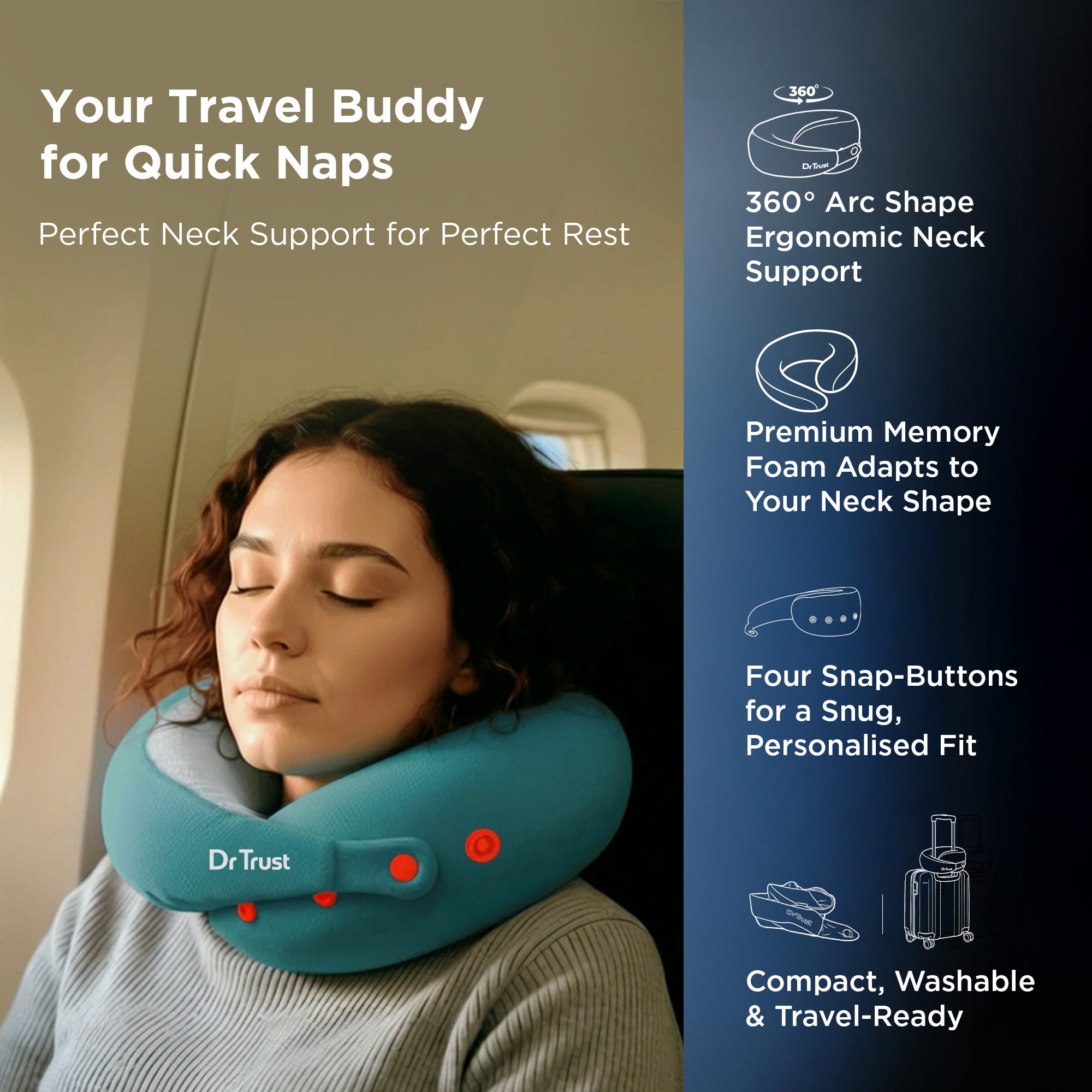 Dr Trust USA Cocoon 395 Travel Neck Pillow 360° Ergonomic Support for Car, Flight & Train Comfortable Memory Foam Pillow with 4 Adjustable Buttons – Blue