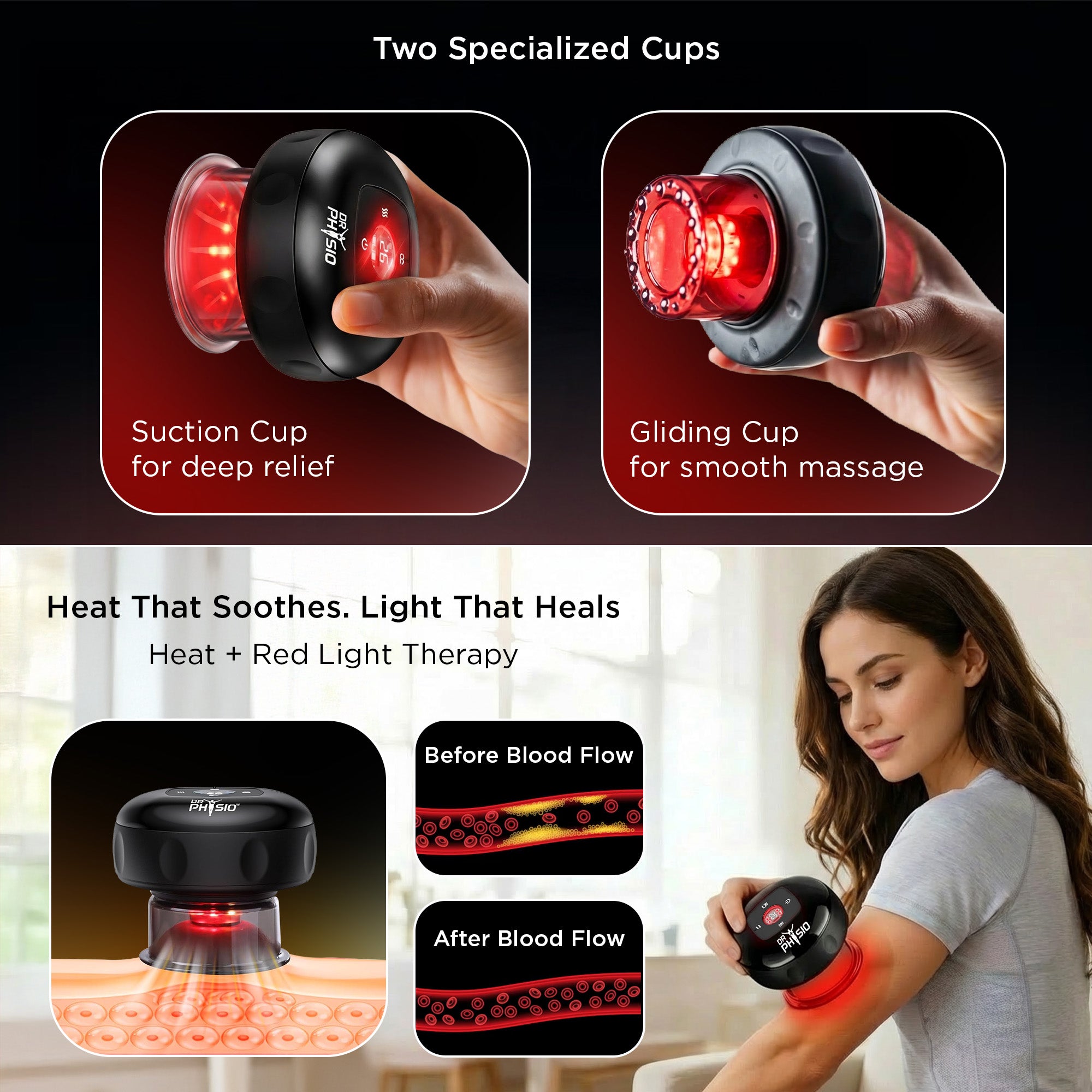 Dr Physio USA 1054 Advanced 5-in-1 Electric Cupping Massager, 12-Level Heat & Suction, Red Light Therapy for Muscle Relaxation, Pain Relief Recovery & Cellulite Support
