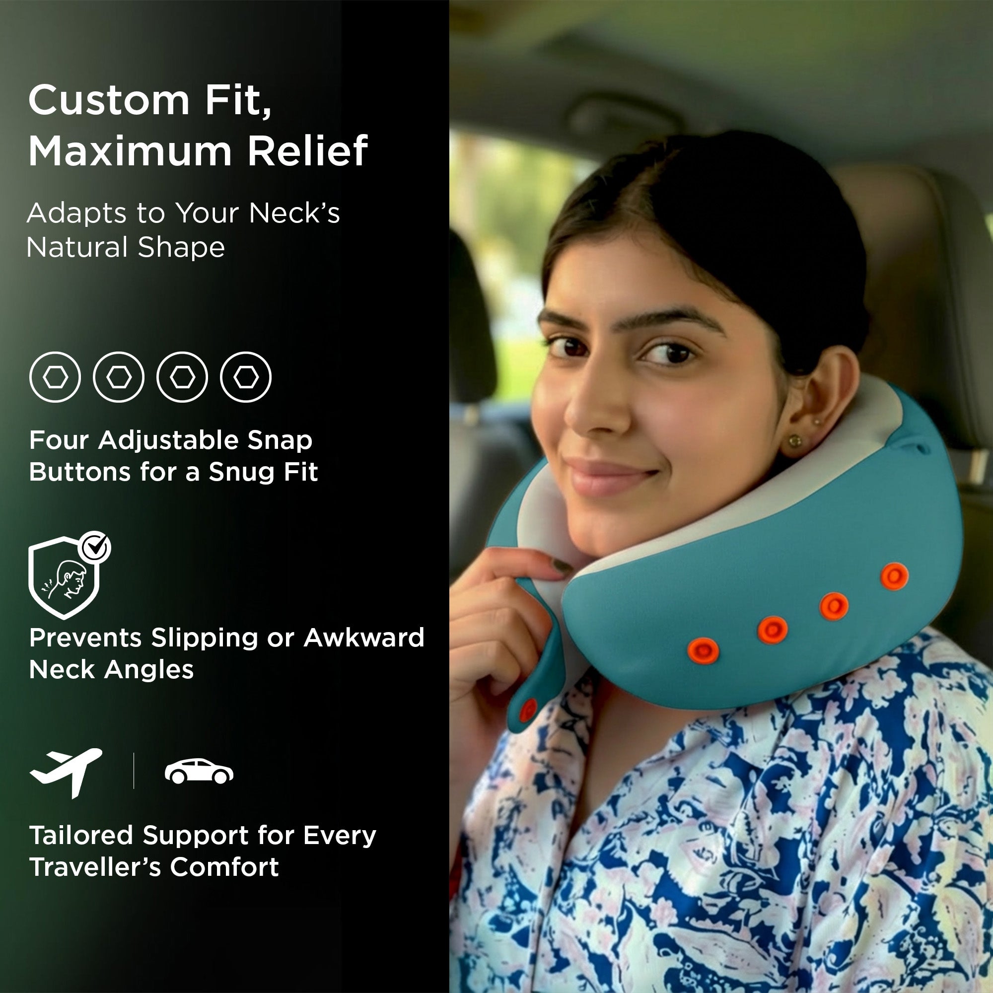 Dr Trust USA Cocoon 395 Travel Neck Pillow 360° Ergonomic Support for Car, Flight & Train Comfortable Memory Foam Pillow with 4 Adjustable Buttons – Blue