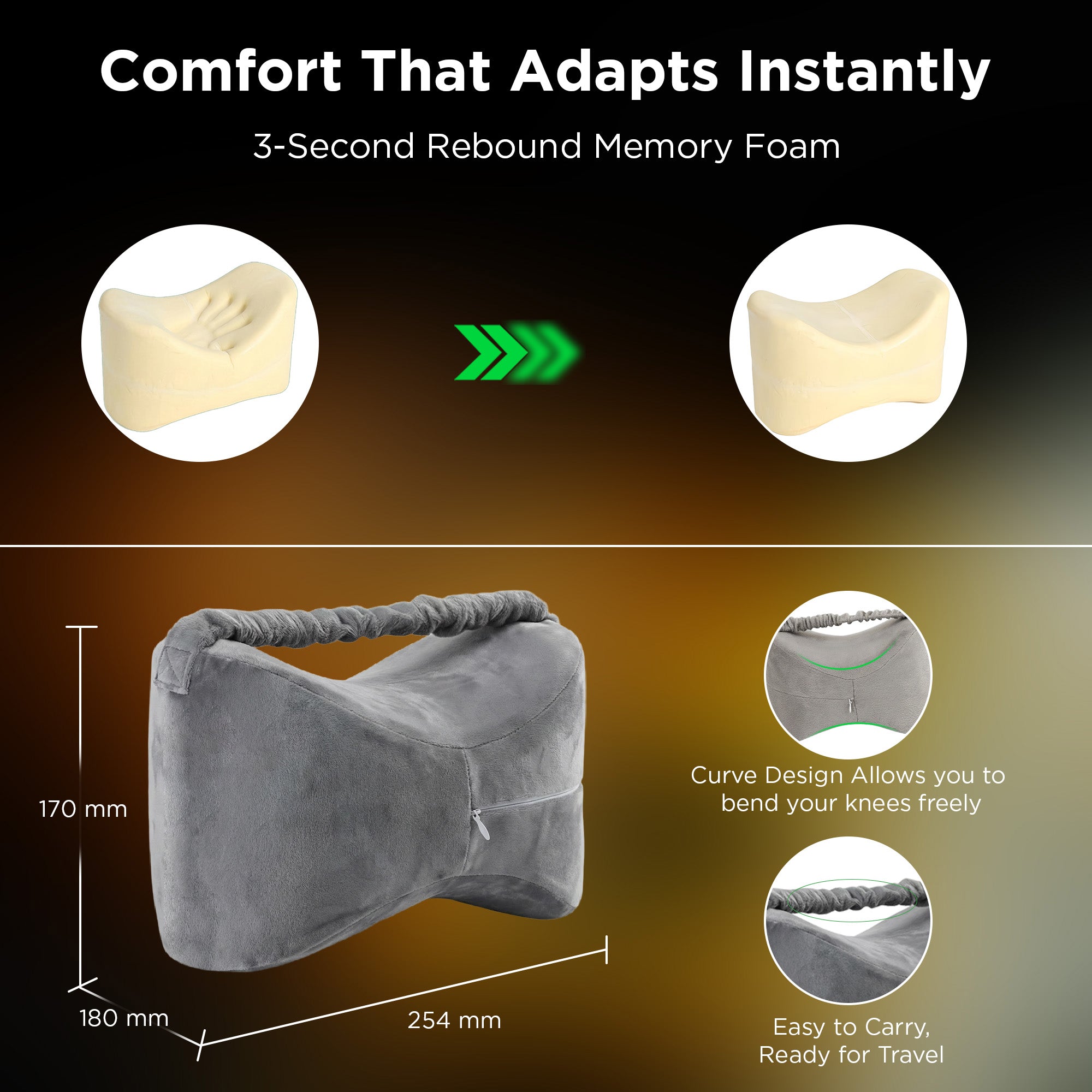 Dr Trust USA 3202 Orthopaedic Knee Pillow for Side Sleepers, Spine Alignment, Back, Hip & Pregnancy Pain Relief, Memory Foam Support for Pain-Free Sleep