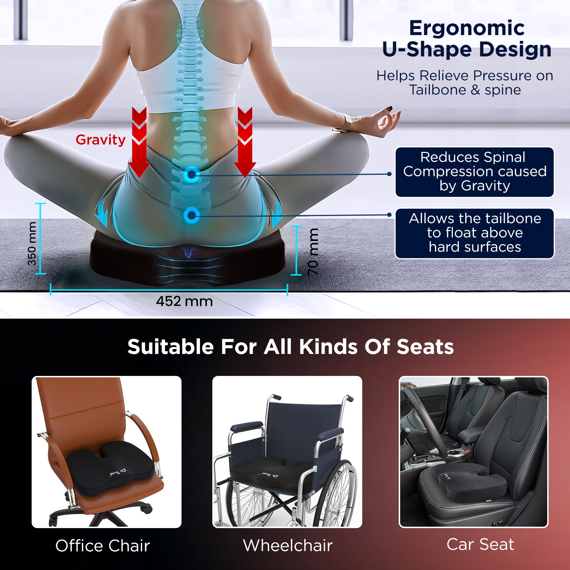 Dr Trust USA 3215 Ortho Coccyx Cushion Seat Support for Tailbone Pain & Sciatica Relief Long Sitting U-Shape Ergonomic Comfort for Car, Office & Home Chairs