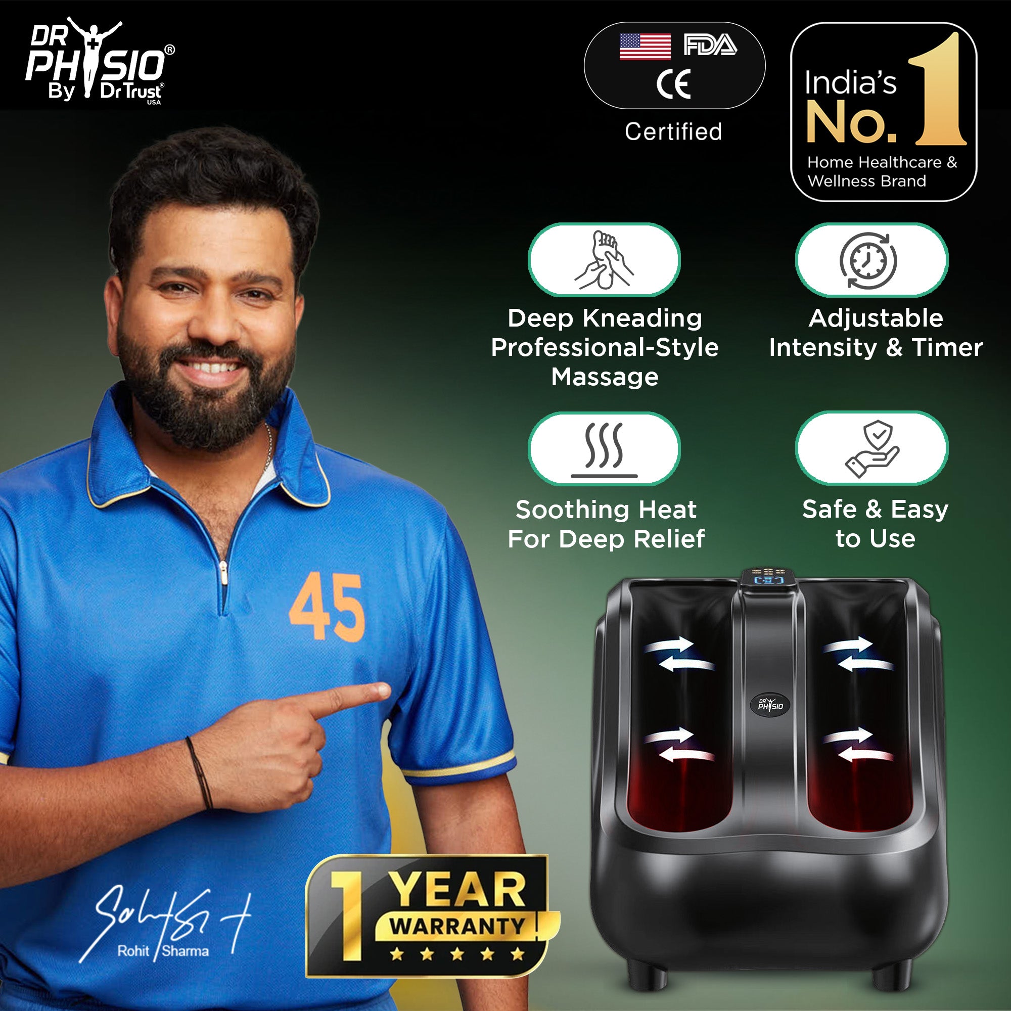 Dr Physio USA 1053 Foot & Calf Massager with Heat, 3 Intensities, Vibration, Rolling & Kneading for Pain Relief & Relaxation