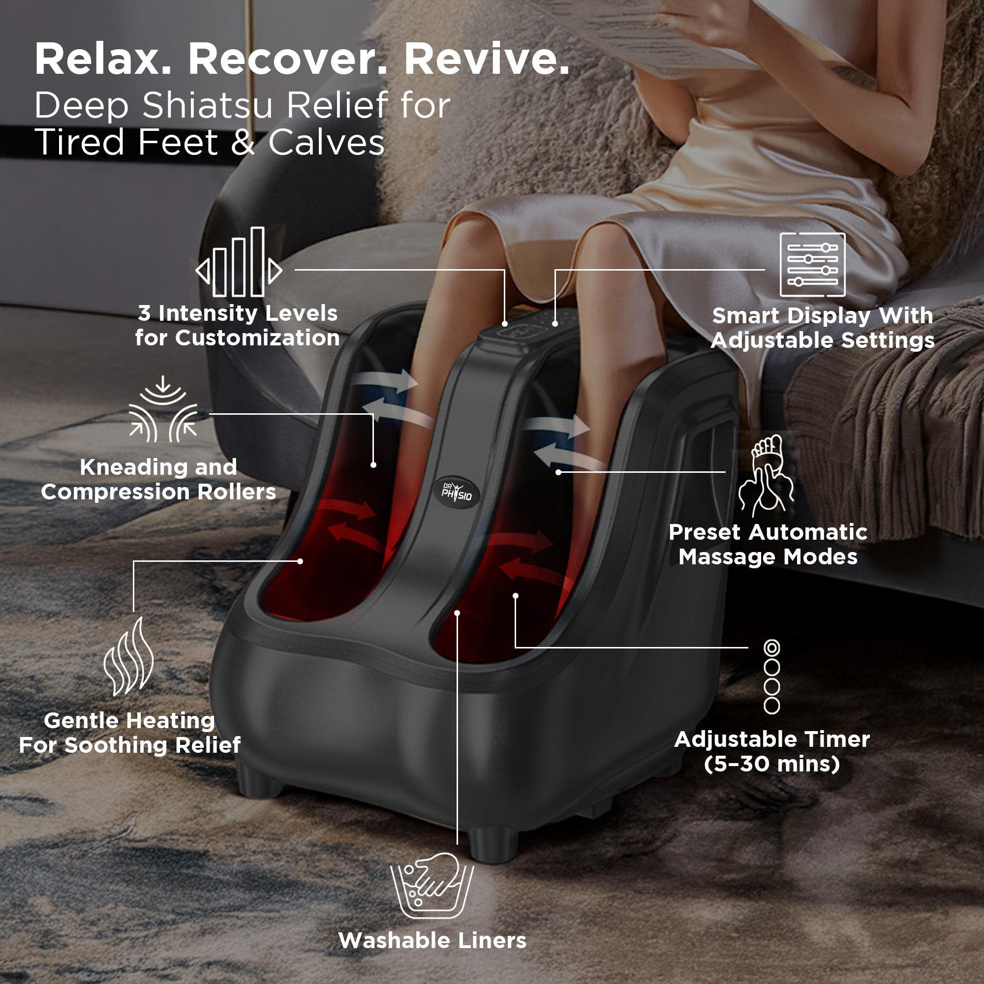 Dr Physio USA 1053 Grandmaster Foot & Calf Massager with Soothing Heat, 3 Intensity Levels and Vibrations, Electric Leg Massage Machine with Rolling & Kneading for Foot Pain Relief, Muscle Relaxation & Improved Blood Circulation