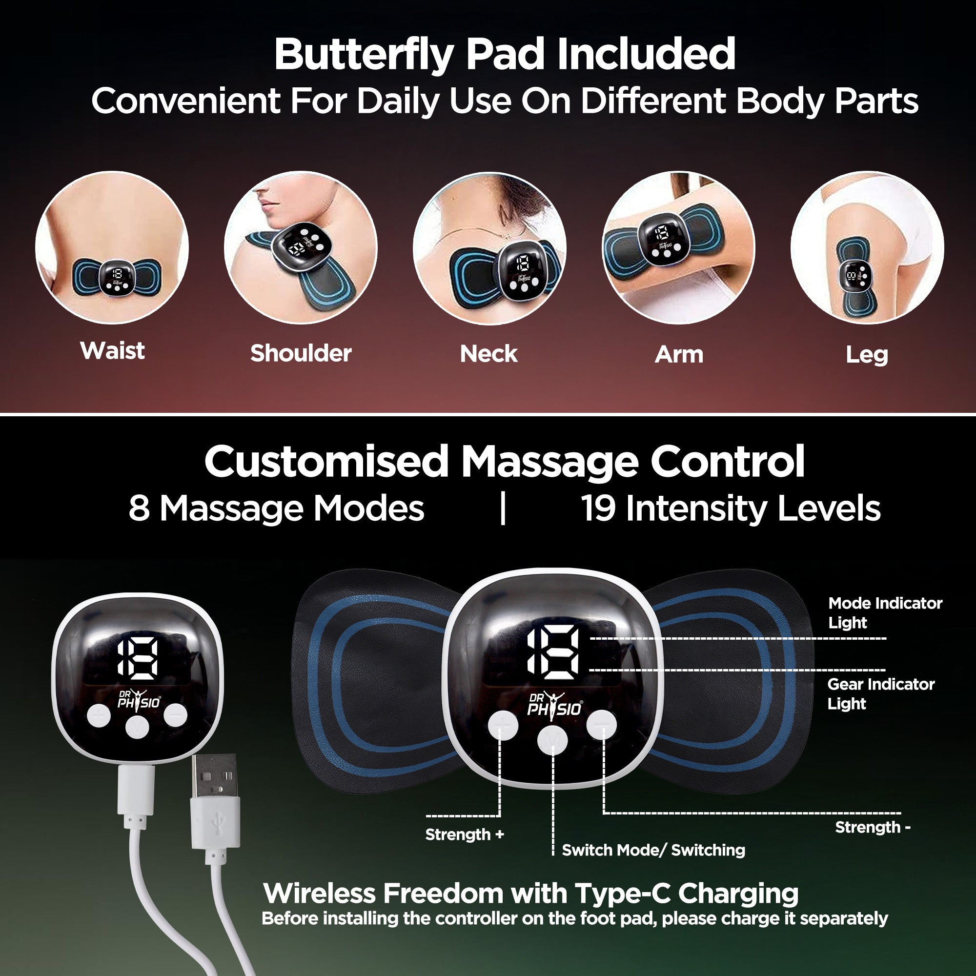 Dr Physio USA 1035 EMS Rechargeable Foot Massager Mat Machine with 8 Massage Modes, 19 Intensity Levels, Reflexology Pad For Pressure Point Full Body Pain Relief, Portable Foldable Foot Massager for Tired & Achy Feet Relief