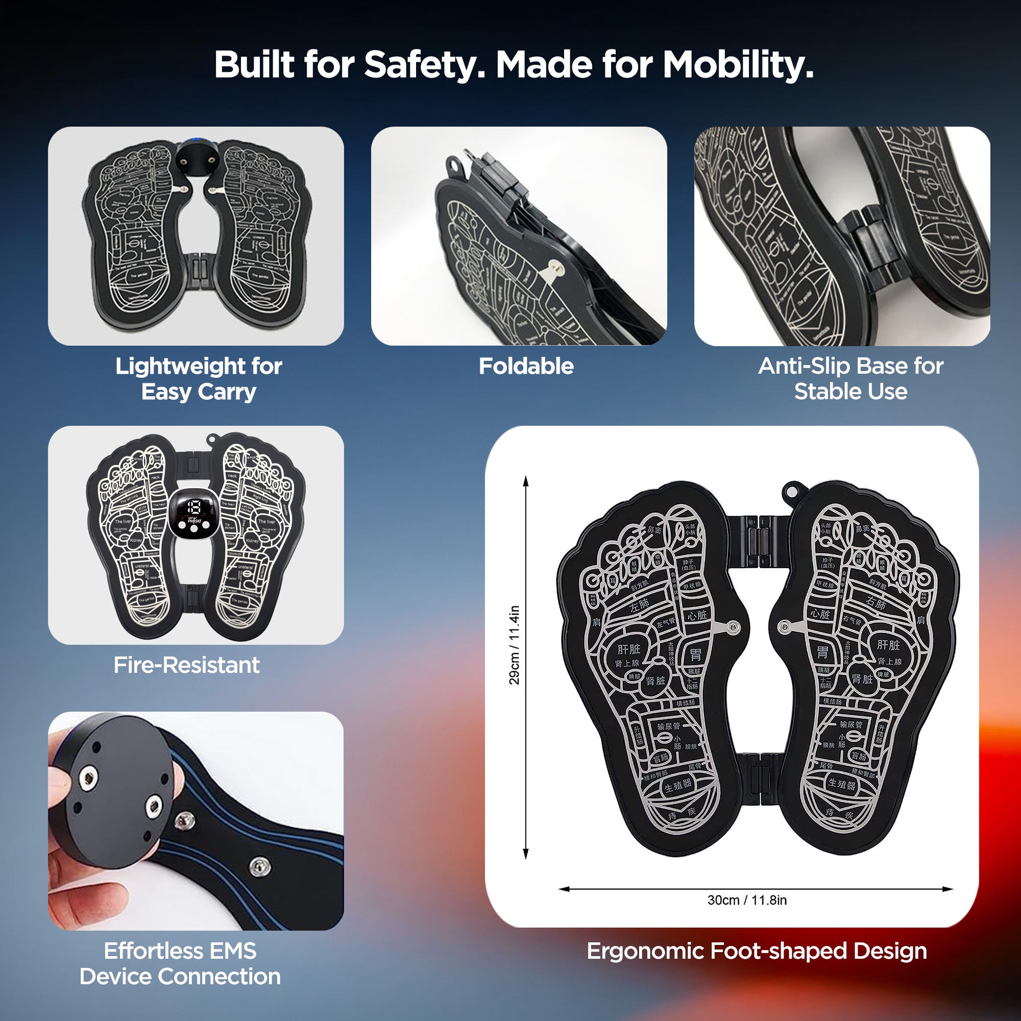 Dr Physio USA 1035 EMS Rechargeable Foot Massager Mat Machine with 8 Massage Modes, 19 Intensity Levels, Reflexology Pad For Pressure Point Full Body Pain Relief, Portable Foldable Foot Massager for Tired & Achy Feet Relief