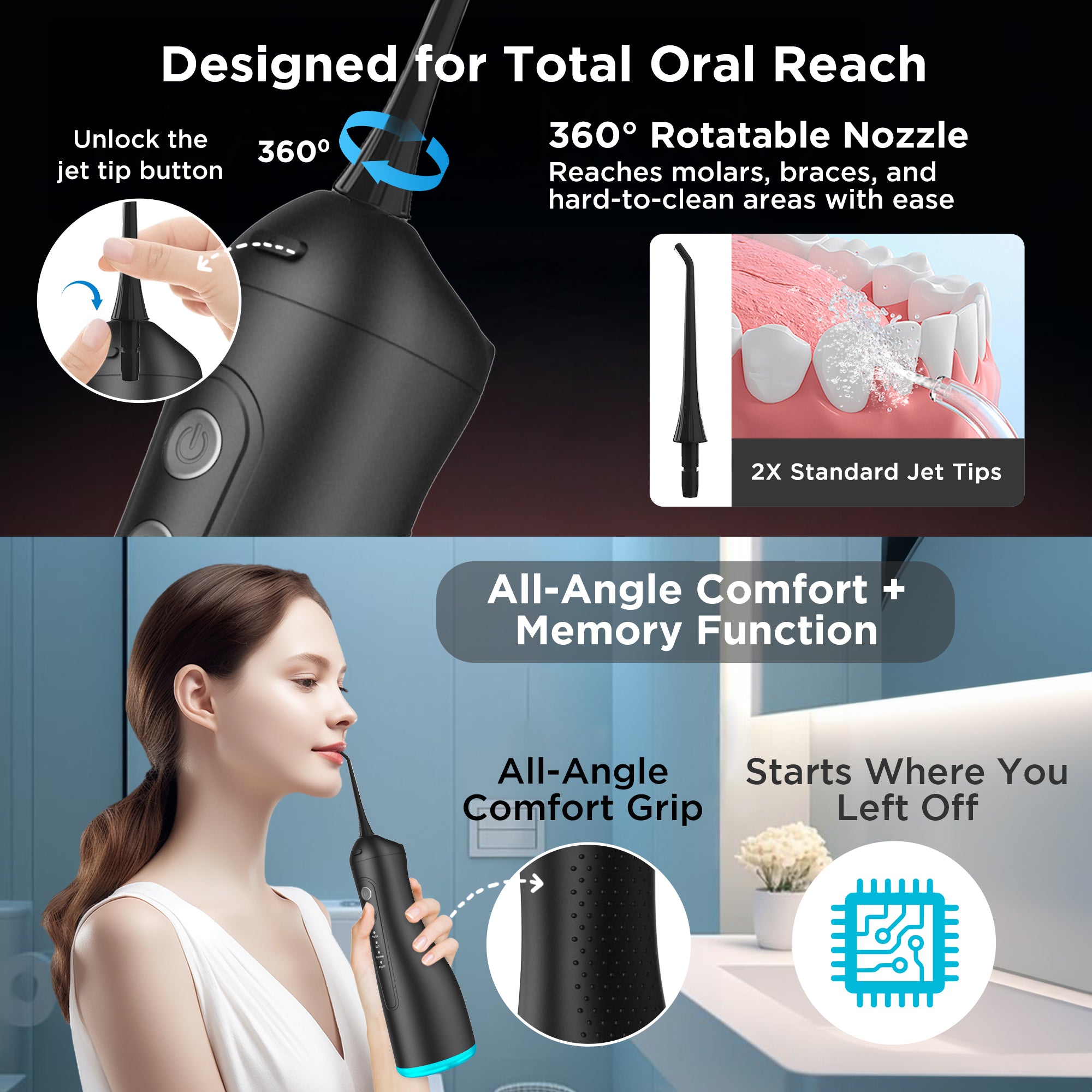 Dr Trust USA 314 Aquacare® Oral Irrigator, Portable Cordless Water Flosser, Rechargeable Dental Care Flossing, 4 Cleaning Modes, IPX7 300 ml Water Tank, Flossing at Home & Travel, Dental Oral Gum Care Flosser for Plaque Removal