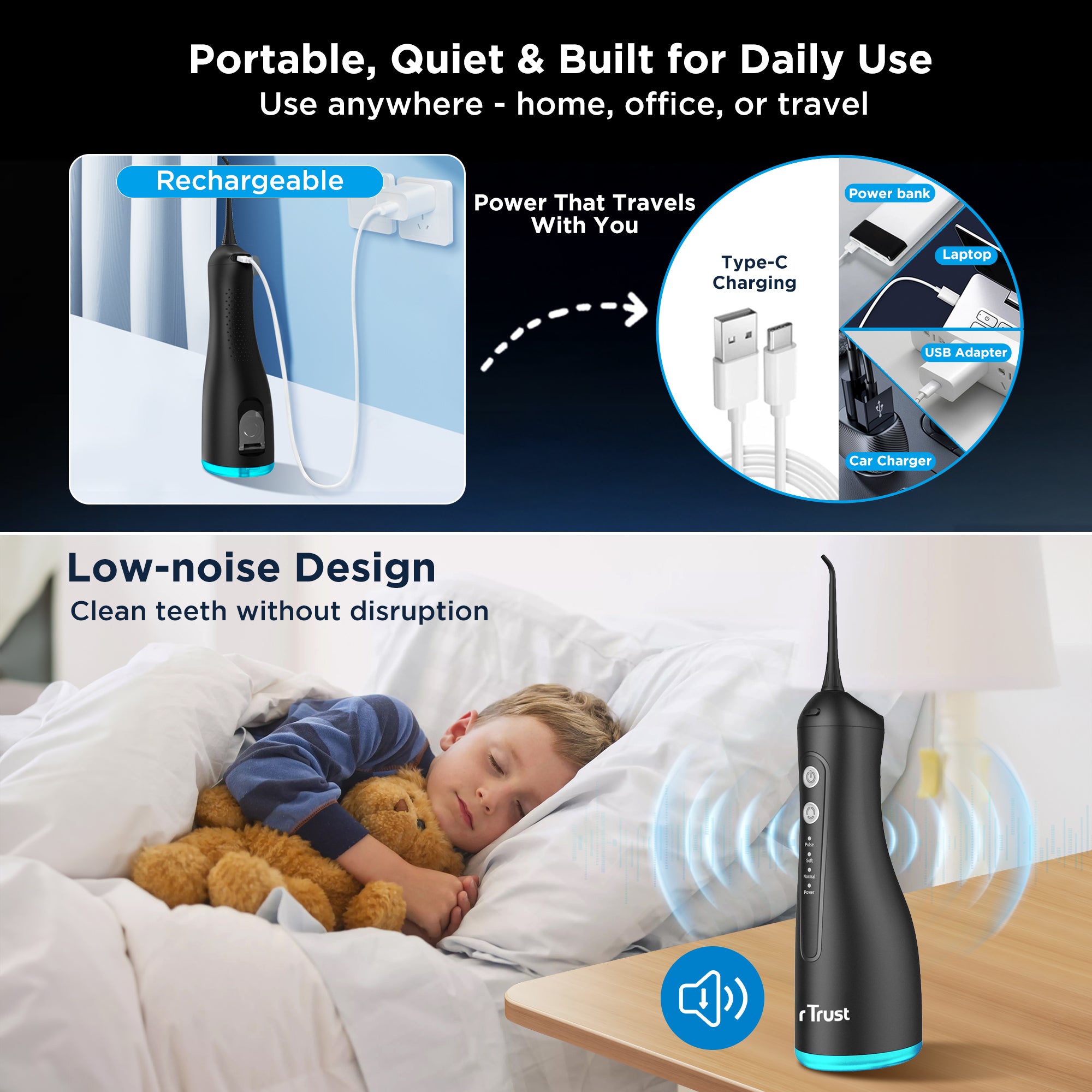 Dr Trust USA 314 Aquacare® Oral Irrigator, Portable Cordless Water Flosser, Rechargeable Dental Care Flossing, 4 Cleaning Modes, IPX7 300 ml Water Tank, Flossing at Home & Travel, Dental Oral Gum Care Flosser for Plaque Removal