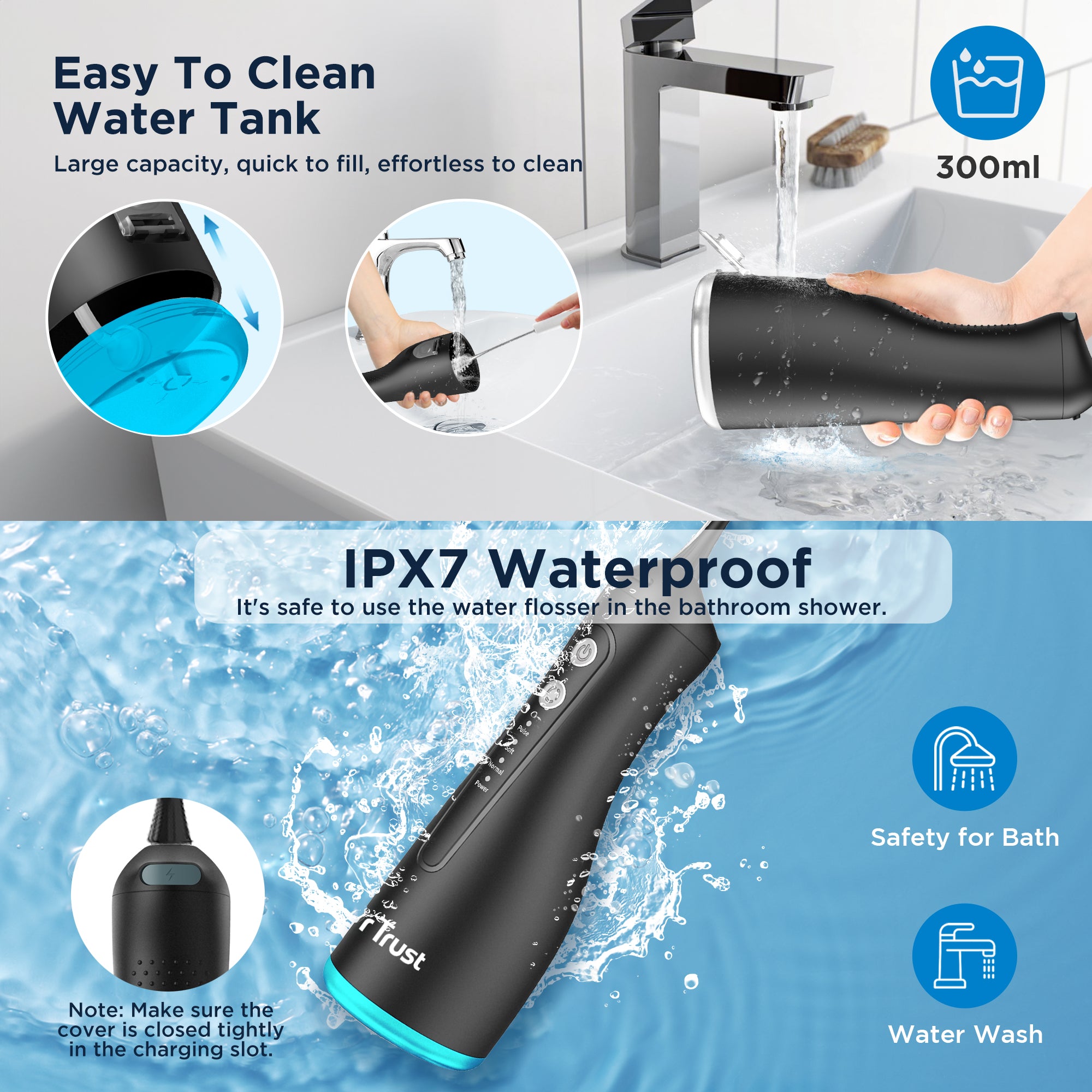 Dr Trust USA 314 Aquacare® Oral Irrigator, Portable Cordless Water Flosser, Rechargeable Dental Care Flossing, 4 Cleaning Modes, IPX7 300 ml Water Tank, Flossing at Home & Travel, Dental Oral Gum Care Flosser for Plaque Removal