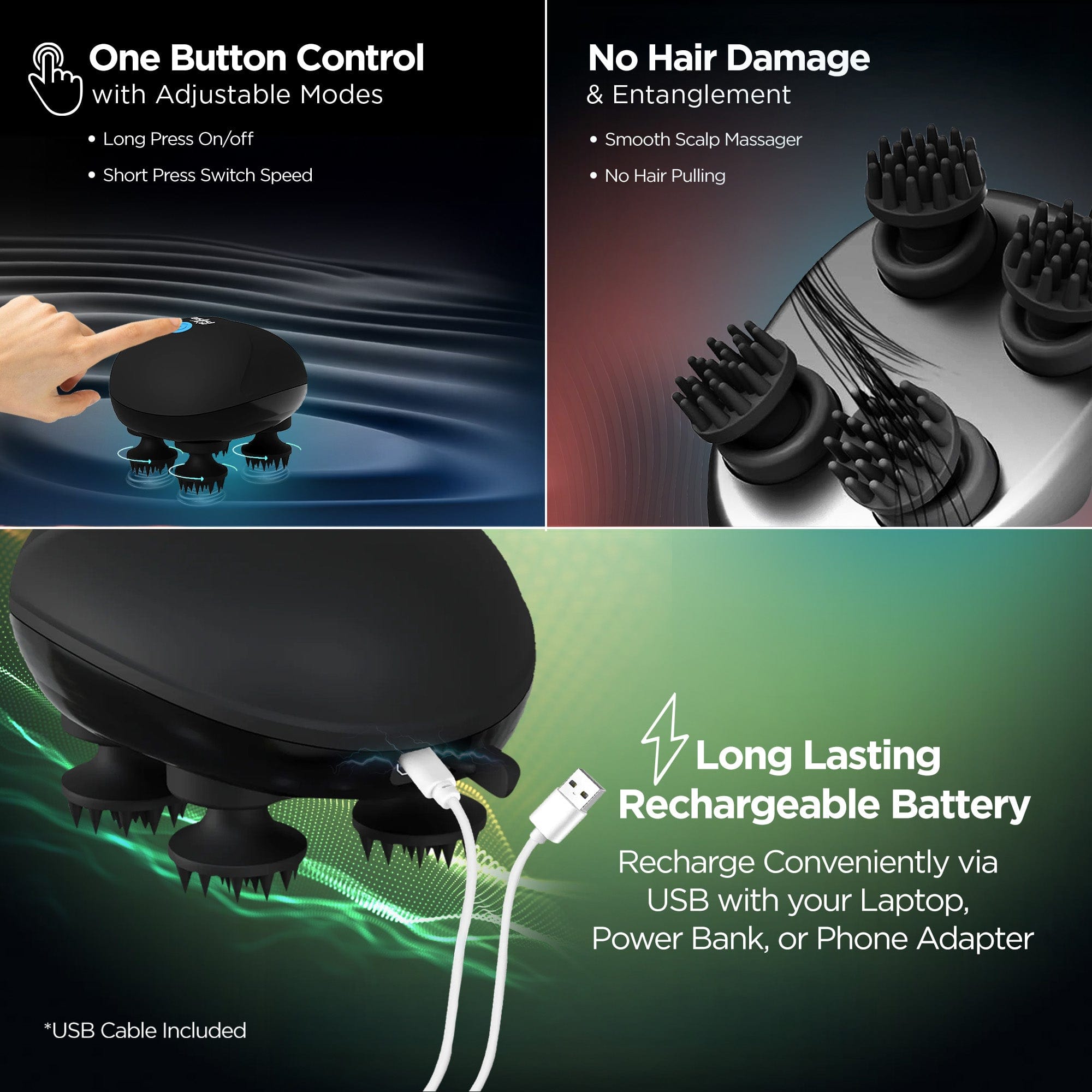 Dr Trust USA Massager Dr Physio USA Head & Scalp Massager, Handheld Portable 4 Massage Heads Scratcher with Kneading Points, Rechargeable,3 Speed Modes, Hair Growth, Deep Clean, Stress Relief & Full Body Massage Device 1036 Black