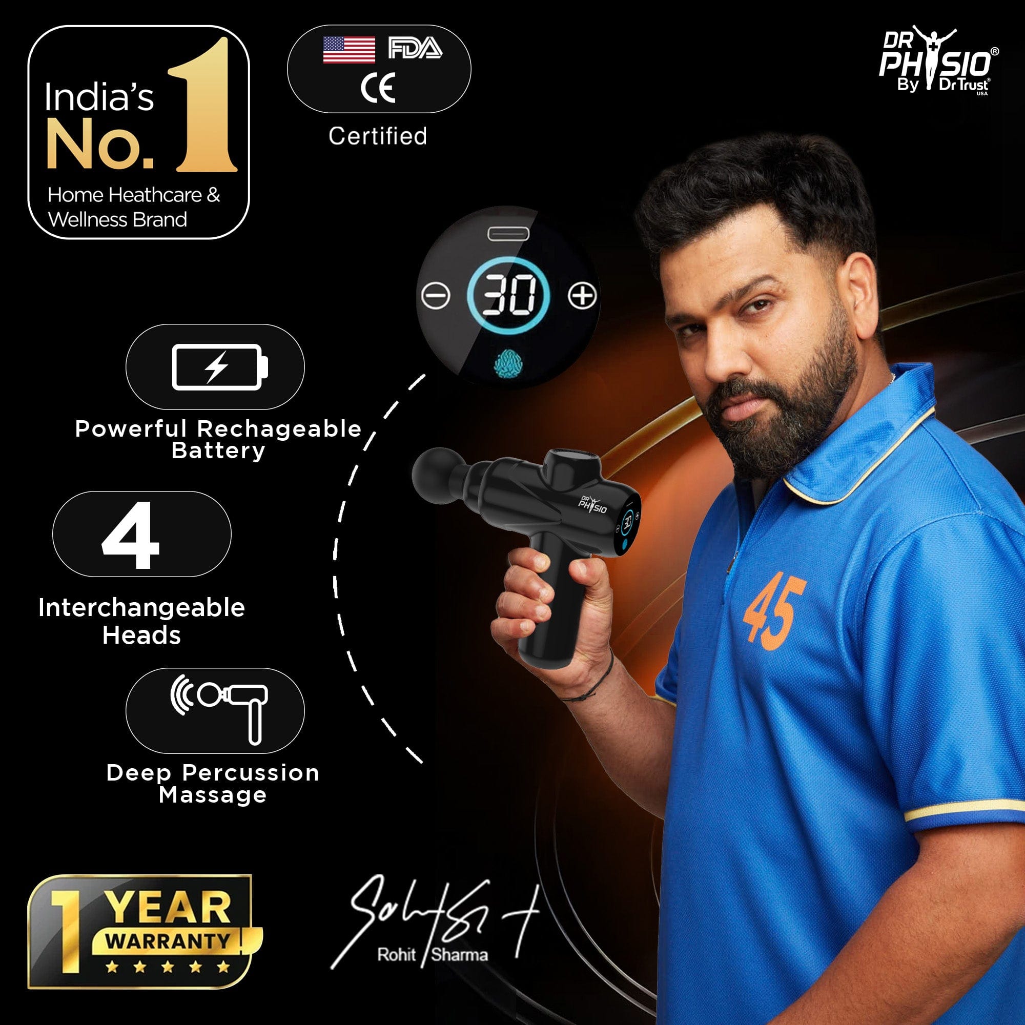 Dr Trust USA Massager Dr Physio USA 1049 Touch Dynamo Electric Massage Gun for Pain Relief, Rechargeable, 4 Heads Full Body Deep Tissue Percussion Massage Machine for Post-Workout Recovery Back, Neck, Shoulder & Leg Muscle Pain Relief