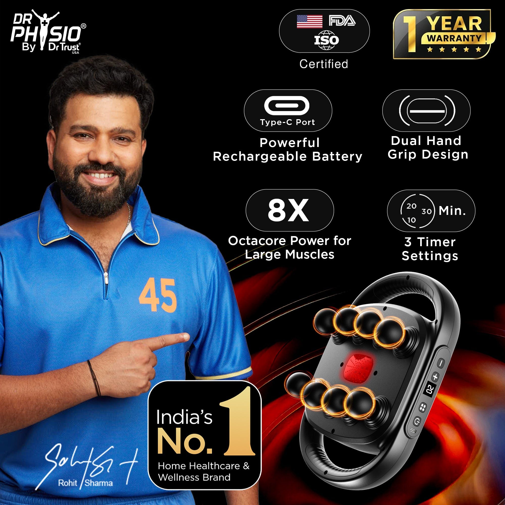 Dr Trust USA Massager Dr Physio USA 1051 Supervolt Octacore 8 Heads Gun Massager for Deep Tissue Percussion Large Muscle Groups Targeted Massage Machine Rechargeable Full Body Gun Device For Back, Neck, And Leg Muscles Pain Relief