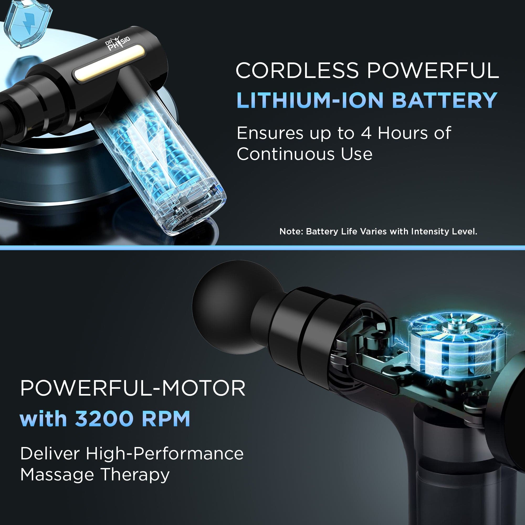 Dr Trust USA Massager Dr Physio USA Supervolt X Gun Massager for Muscle Pain Relief, Deep Tissue Percussive Massage Machine Portable Rechargeable with 4 Heads 6 Speed for Men & Women Blaze/Nighthawk 1041