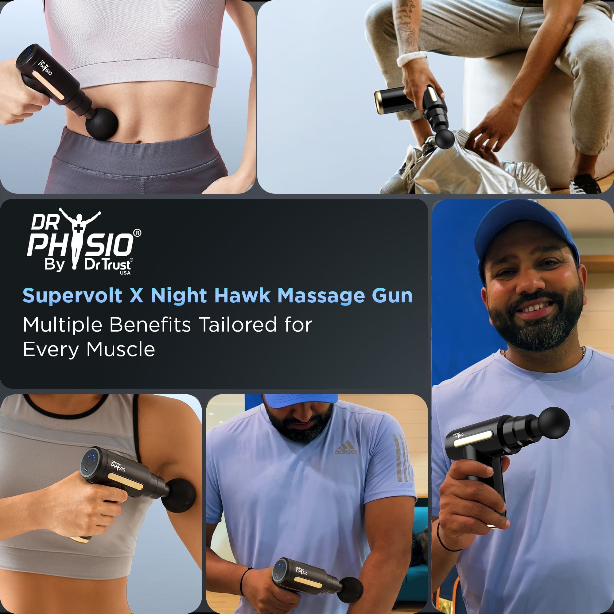 Dr Trust USA Massager Dr Physio USA Supervolt X Gun Massager for Muscle Pain Relief, Deep Tissue Percussive Massage Machine Portable Rechargeable with 4 Heads 6 Speed for Men & Women Blaze/Nighthawk 1041