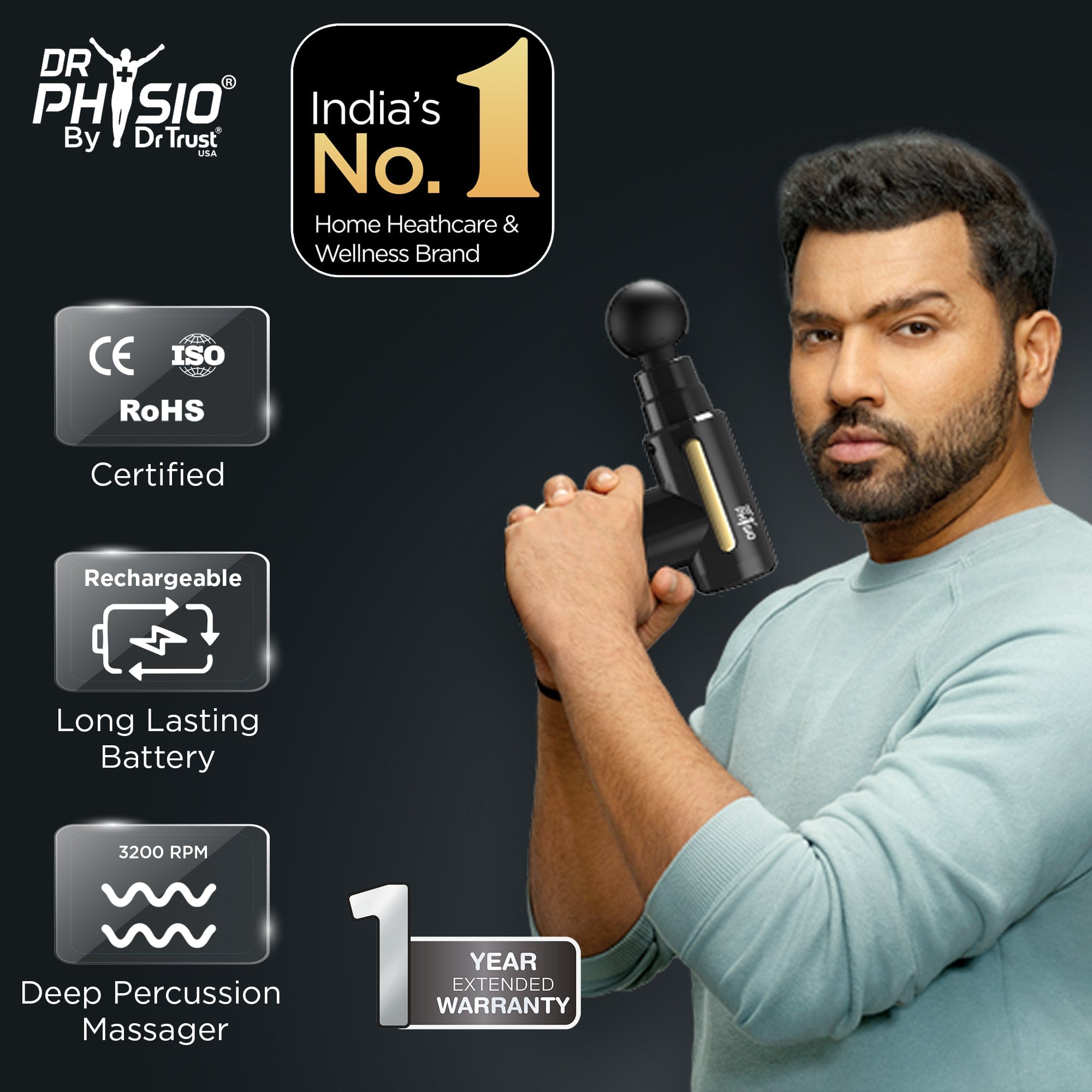 Dr Trust USA Massager Dr Physio USA Supervolt X Gun Massager for Muscle Pain Relief, Deep Tissue Percussive Massage Machine Portable Rechargeable with 4 Heads 6 Speed for Men & Women Blaze/Nighthawk 1041