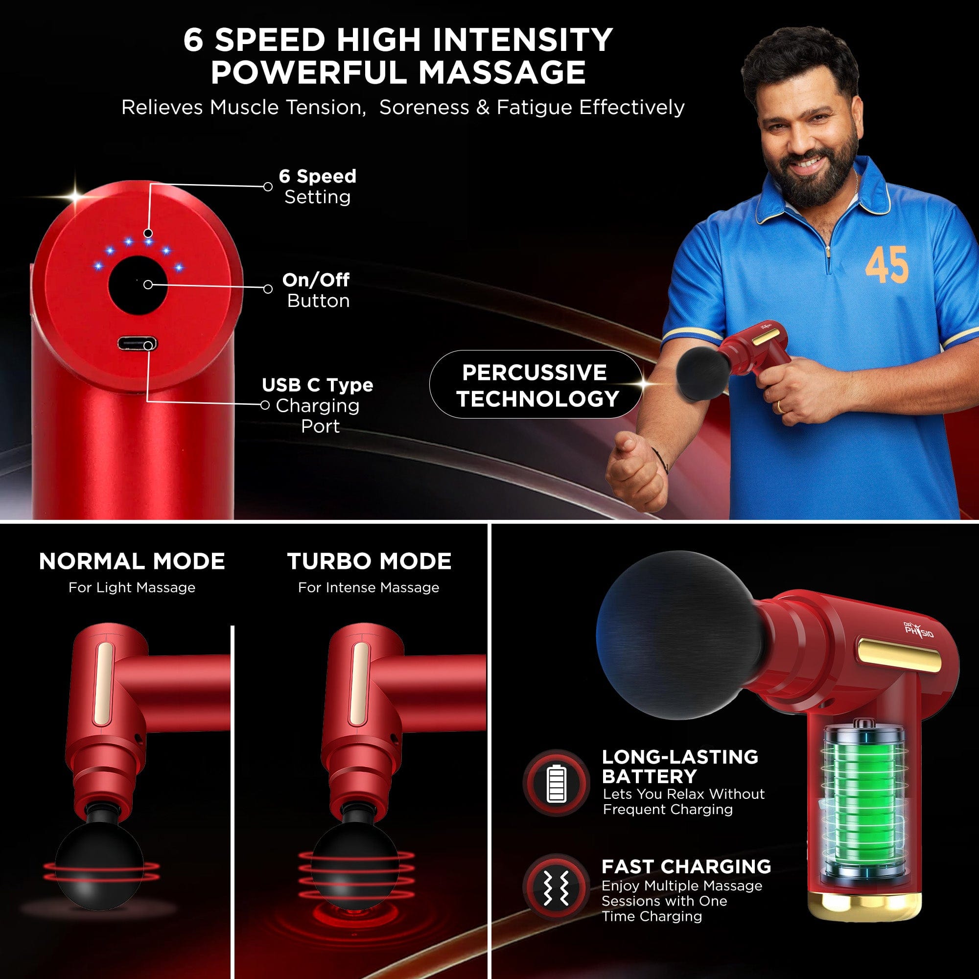 Dr Trust USA Massager Dr Physio USA Supervolt X Gun Massager for Muscle Pain Relief, Deep Tissue Percussive Massage Machine Portable Rechargeable with 4 Heads 6 Speed for Men & Women Blaze/Nighthawk 1041