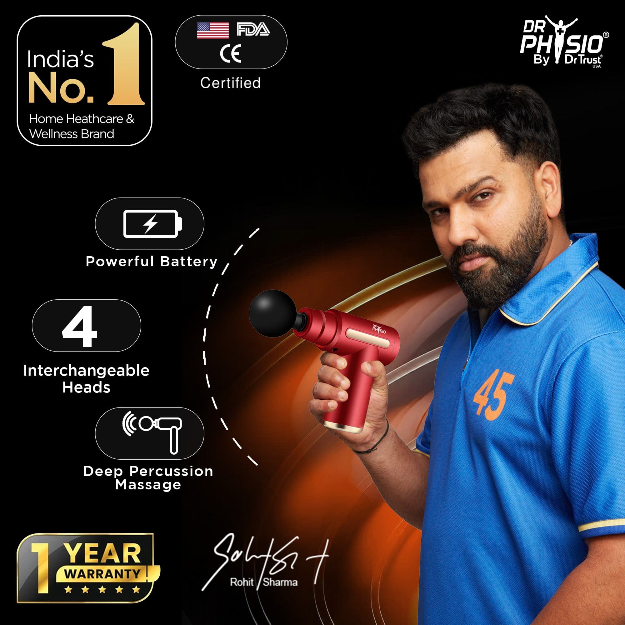 Dr Trust USA Massager Dr Physio USA Supervolt X Gun Massager for Muscle Pain Relief, Deep Tissue Percussive Massage Machine Portable Rechargeable with 4 Heads 6 Speed for Men & Women Blaze/Nighthawk 1041