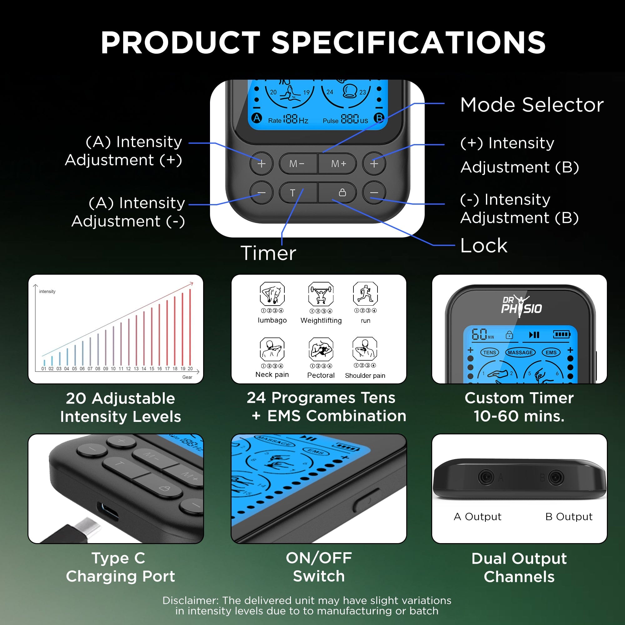 Dr Trust USA Massager Dr Physio USA TENStar Antares Massage Machine with TENS, EMS Modes for Muscle Pain Relief Dual Channel Rechargeable Pulse Impulse Nerve Stimulator Body Massager Device 1050 for Physiotherapy