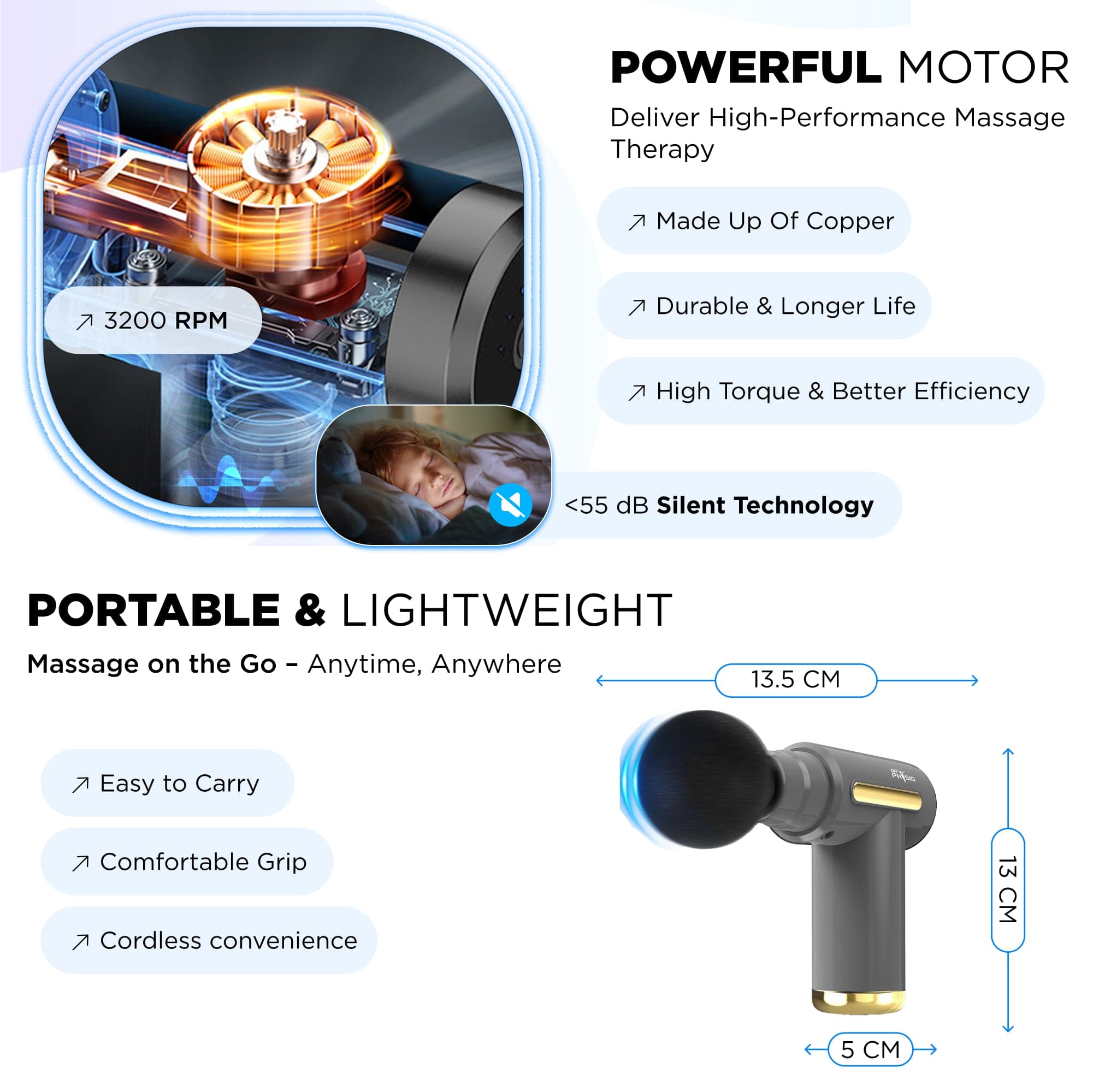 Dr Trust USA Massager Dr Physio USA Vibe Graphite Gun Massager 1038 for Muscle Pain Relief, Deep Tissue Percussive Massage Machine Portable Rechargeable with 4 Heads 6 Speed for Men & Women, Grey