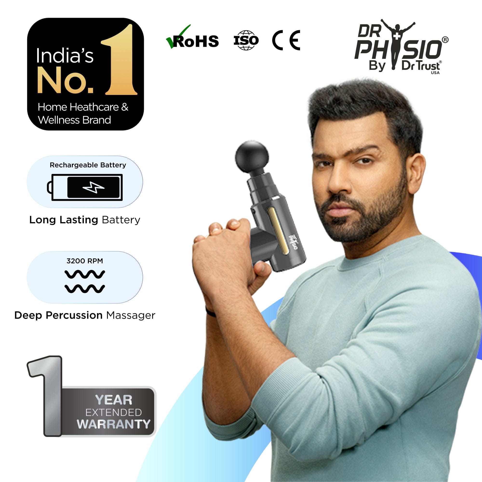 Dr Trust USA Massager Dr Physio USA Vibe Graphite Gun Massager 1038 for Muscle Pain Relief, Deep Tissue Percussive Massage Machine Portable Rechargeable with 4 Heads 6 Speed for Men & Women, Grey