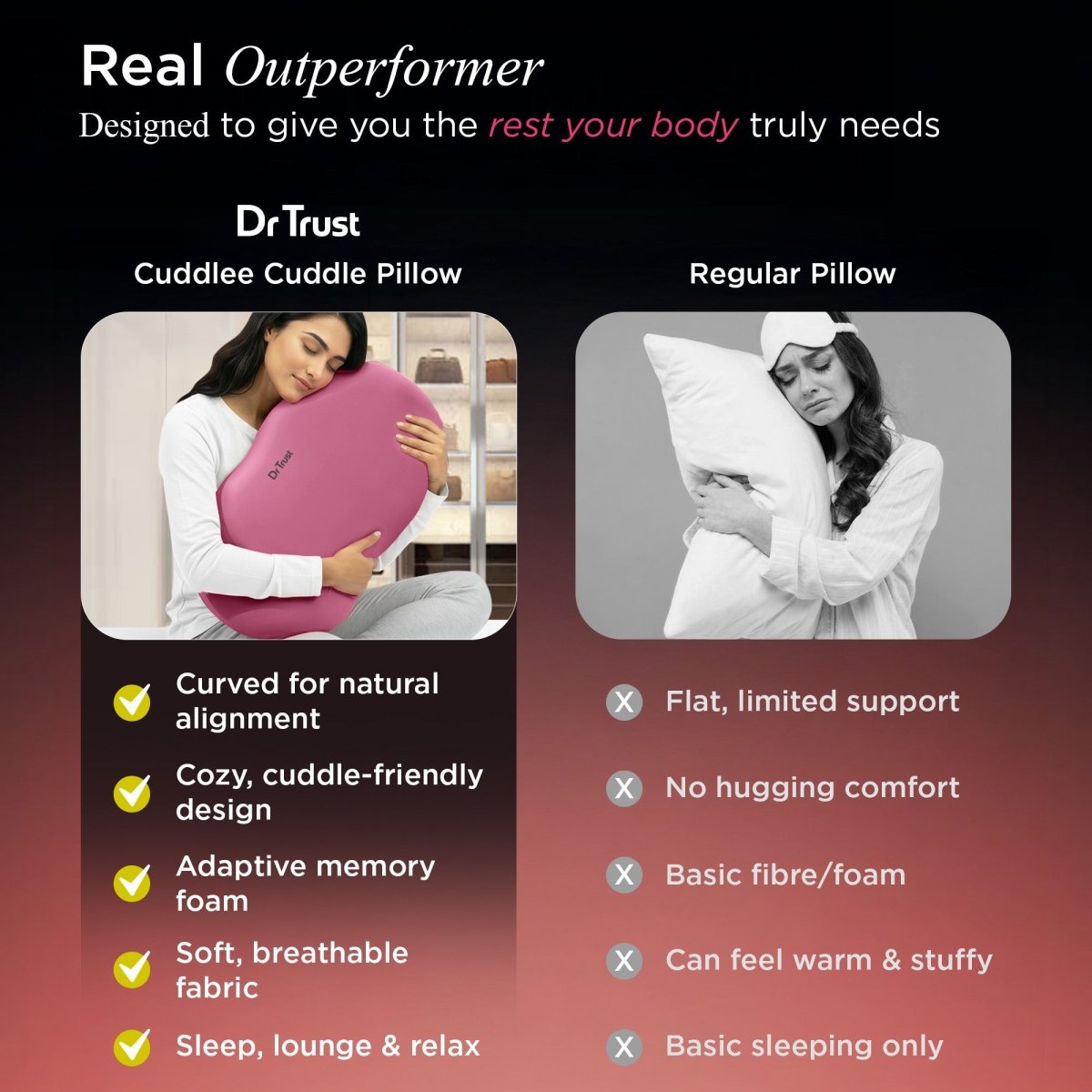 Dr Trust USA 3210 Cuddle Pillow – Memory Foam Hug Pillow for Deep Sleep & Relaxation