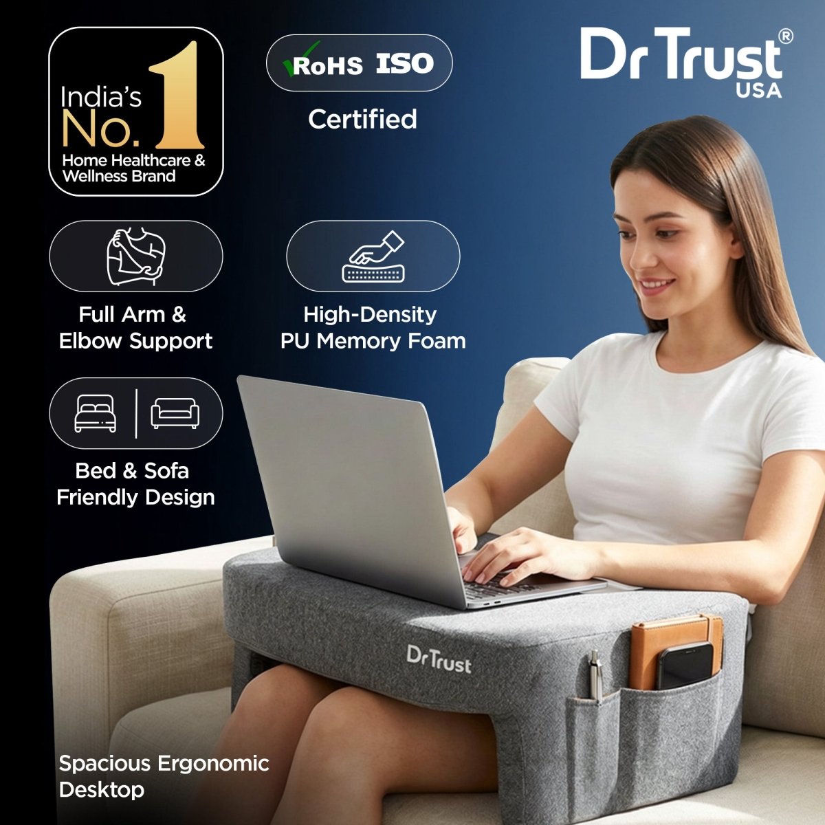 Dr Trust USA 3211 Lap Desk Pillow for Laptop Use, Ergonomic Portable Laptop Support for Bed, Sofa & Couch, Perfect for WFH, Gaming, Study, Reading & Online Classes | Grey