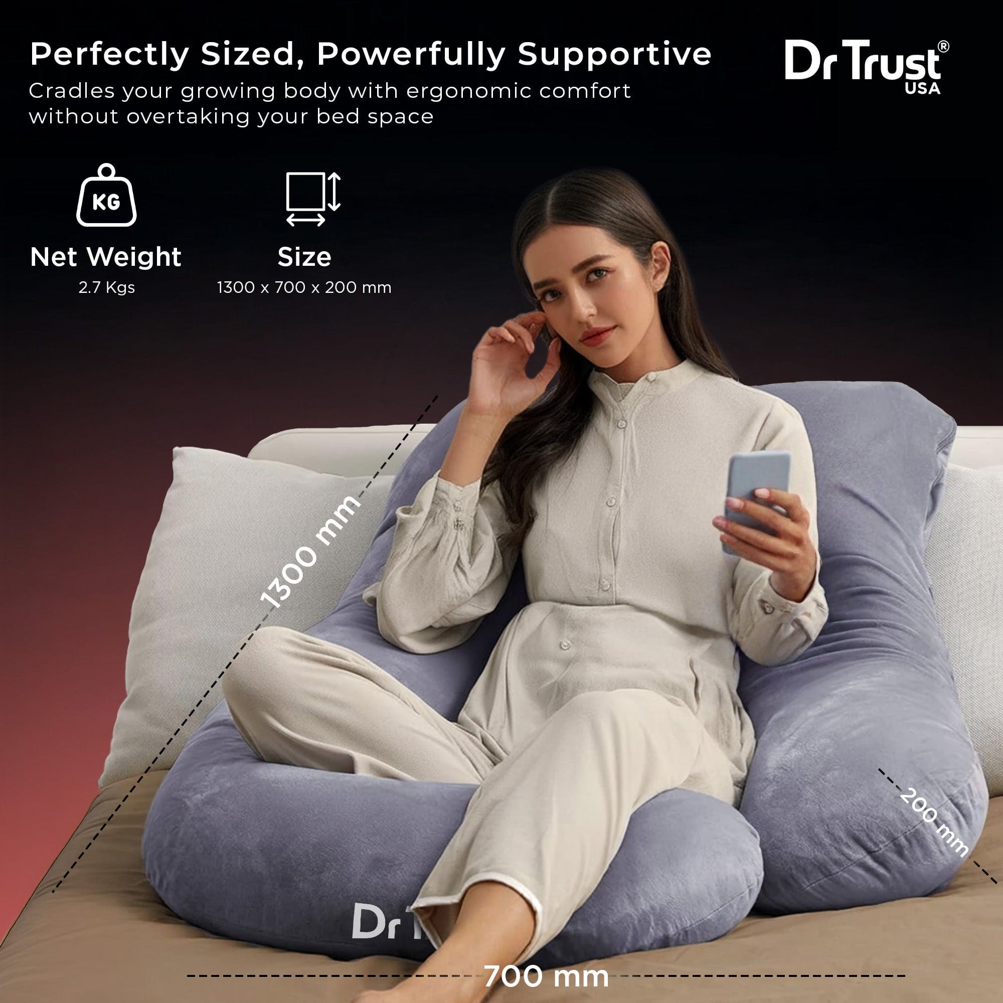 Dr Trust USA pregnancy pillow Dr Trust USA 3213 J-Shaped Pregnancy Pillow for Pregnant Women, Full Body Maternity Support Pillow with Soft Microfiber & Velvet Cover, Comfortable for Sleeping, Pregnancy to Postpartum Everyday Comfort (Grey) 51.1811 X27.5 X 8 ± 0.4 inches