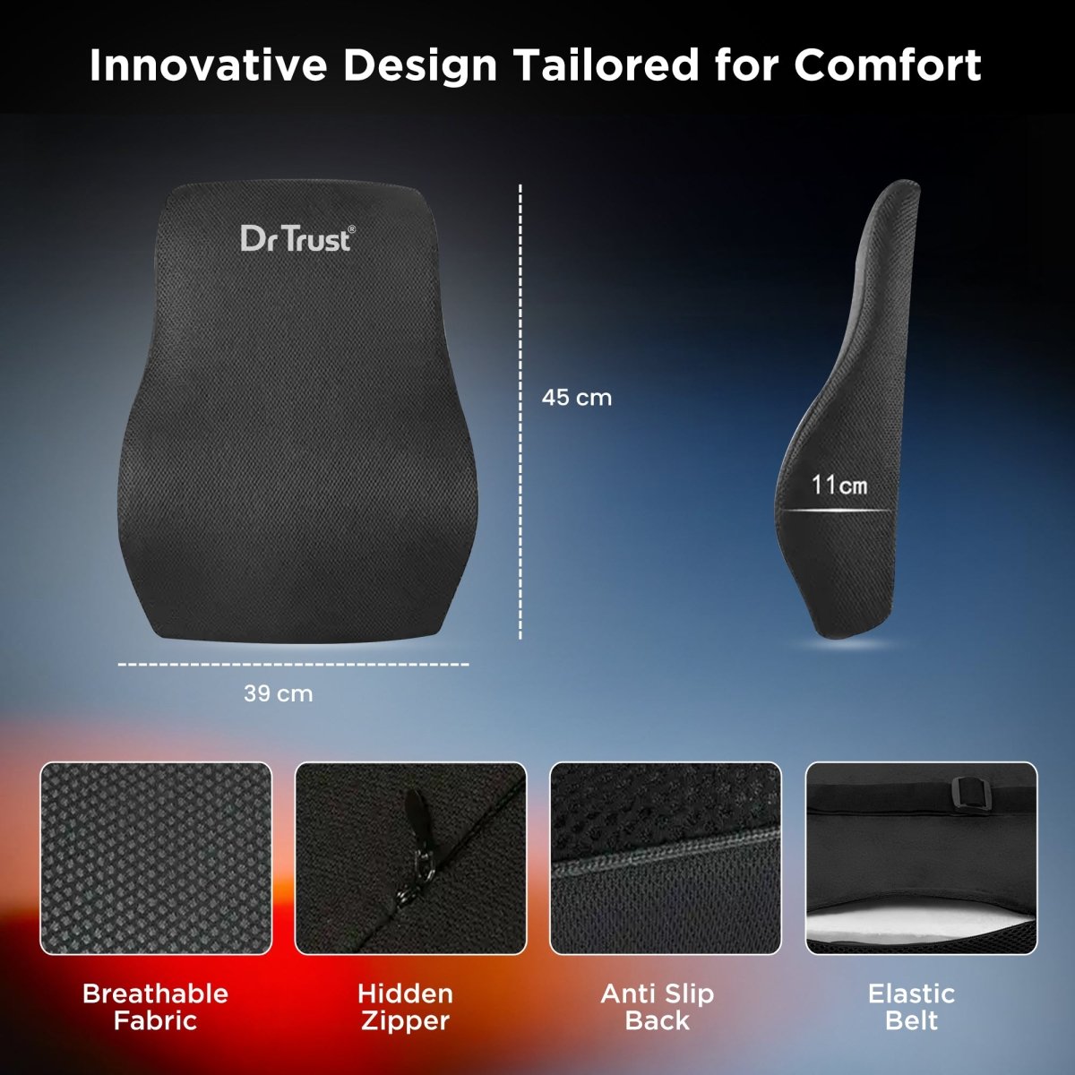 Dr Trust USA 3216 Orthopaedic Back Rest Support Pillow for Sitting, Chair, Car Seat Memory Foam Lumbar Support for Back Pain Relief & Comfortable Sitting