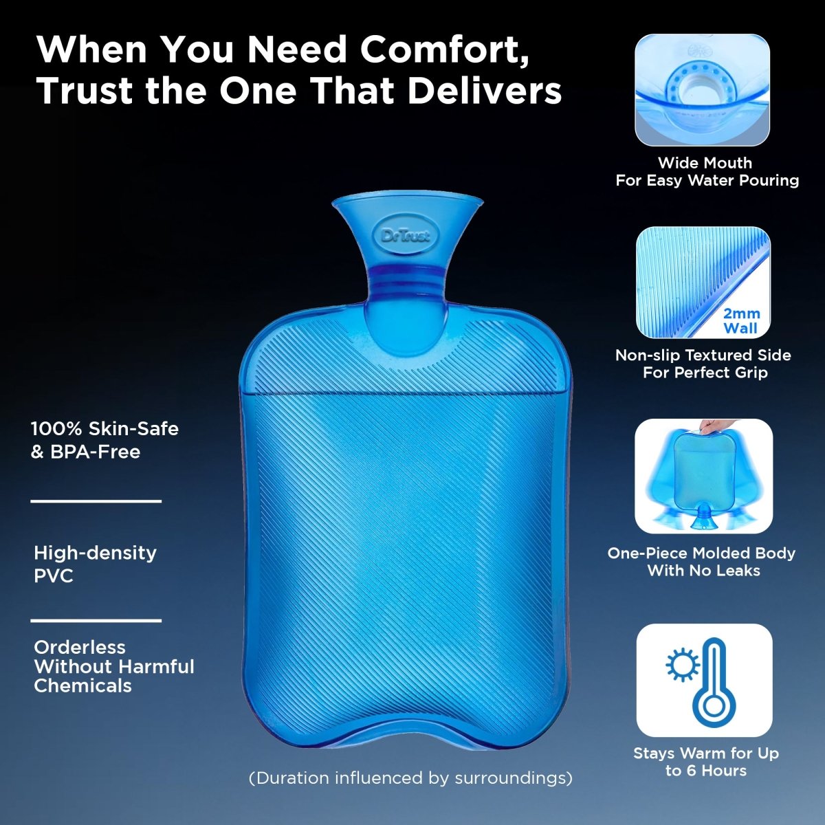 Dr Trust USA 371 Hot Water Bottle for Period Pain Relief, Muscle Cramps, Back Pain, Joint Pain & Winter Warmth BPA - Free PVC Transparent 2L Leak - Proof Hot Water Bag – Pack of 1