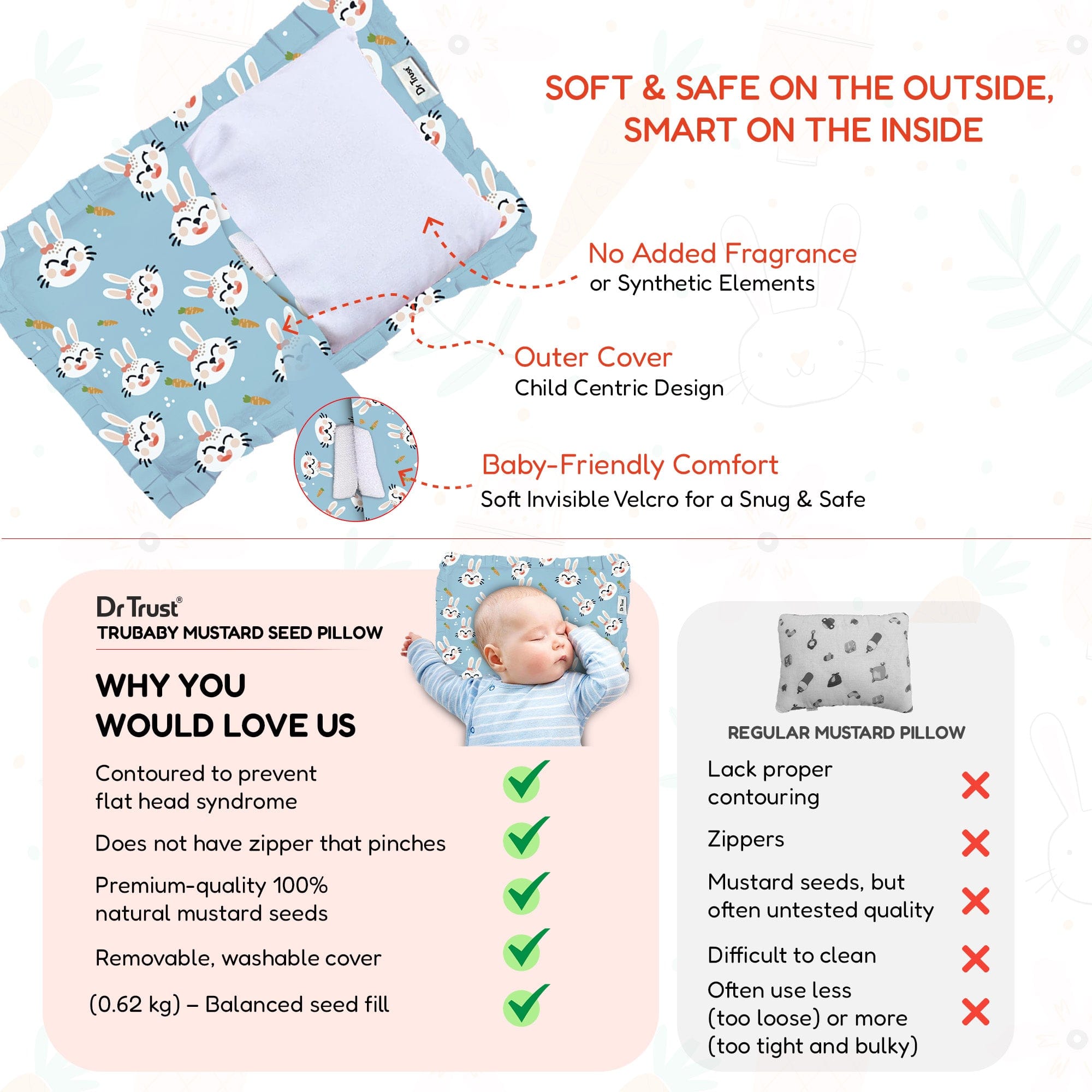 Dr Trust USA Dr Trust USA 380 TRUBABY Mustard Seed Baby Head Shaping Pillow with Removable Cover, 0 Month to 1 Year Flat Head Syndrome Prevention Rai Pillow for Head Shaping, Neck Support & Sound Sleep (Size 31x27 cm)