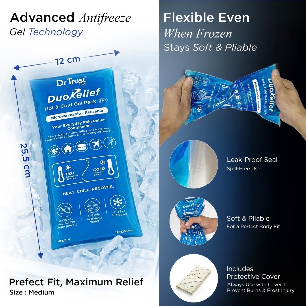 Dr Trust USA 397 Hot and Cold Gel Pack for Fast Pain Relief & Recovery, Reusable Ice Pack for Injuries, Knee, Back, Neck & Shoulder, Flexible, Leak-Proof, Microwavable Heat & Cold Pad (Medium Size)