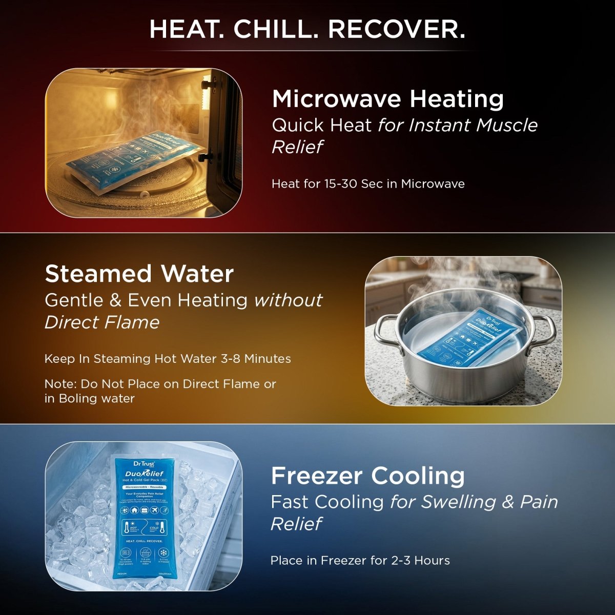 Dr Trust USA 397 Hot and Cold Gel Pack for Fast Pain Relief & Recovery, Reusable Ice Pack for Injuries, Knee, Back, Neck & Shoulder, Flexible, Leak-Proof, Microwavable Heat & Cold Pad (Medium Size)