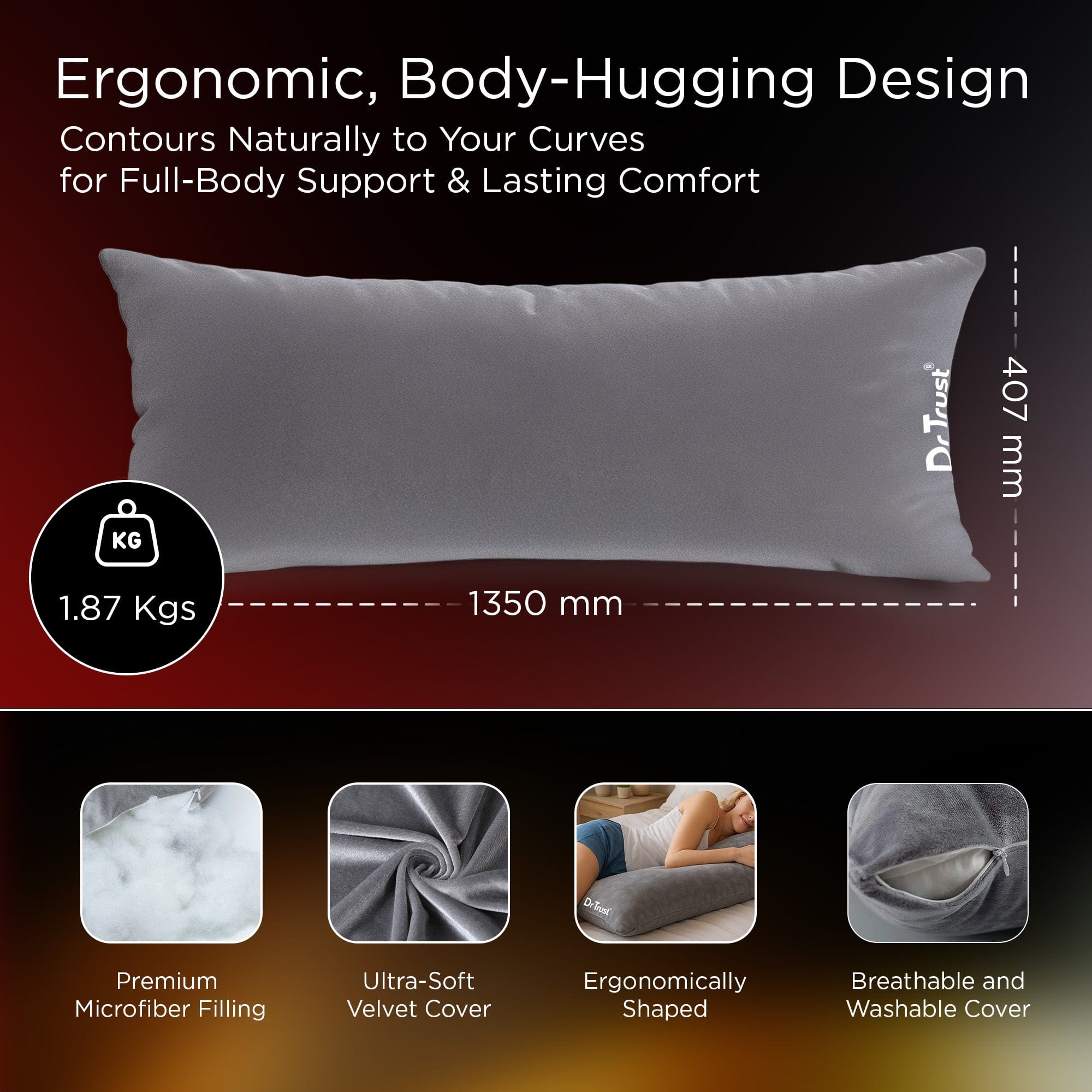 Dr Trust USA Dr Trust USA 398 Yawnicorn Cuddle Pillow for Deep Sleep, Large Full Body Support Microfiber Bed Pillow for Adults and Side Sleeper, Weighted Pillow in Velvet Cover, 53"x16" Inches (L Size, Grey)