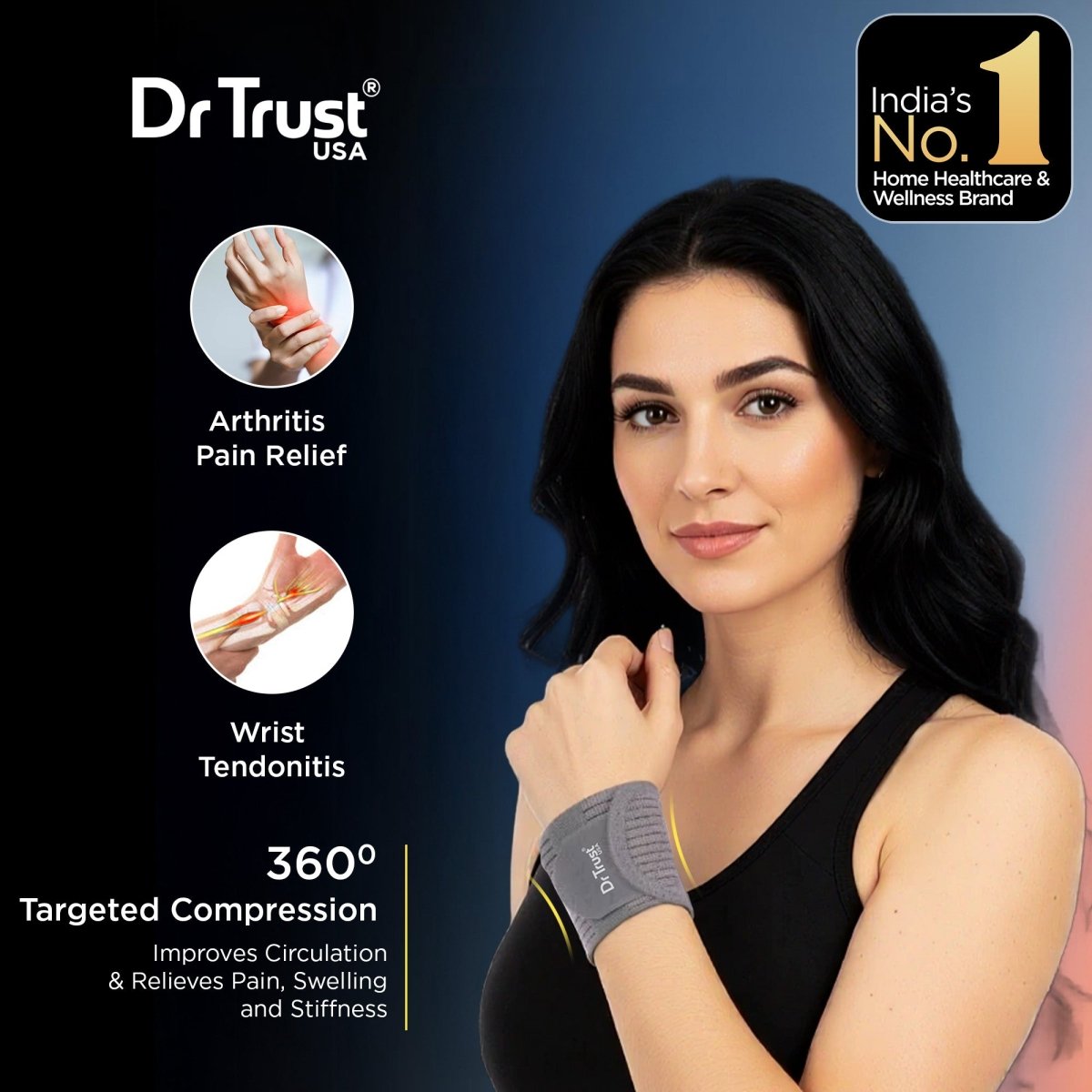 Dr Trust USA 4603 Wrist Support Wrap Brace with Double Lock Non - Slip Adjustable Wrist Brace for Pain Relief, Carpal Tunnel, and Sports Injury Protection Band for Men & Women