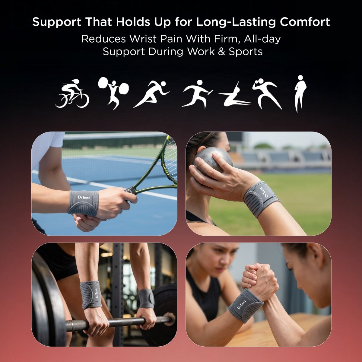 Dr Trust USA 4603 Wrist Support Wrap Brace with Double Lock Non - Slip Adjustable Wrist Brace for Pain Relief, Carpal Tunnel, and Sports Injury Protection Band for Men & Women