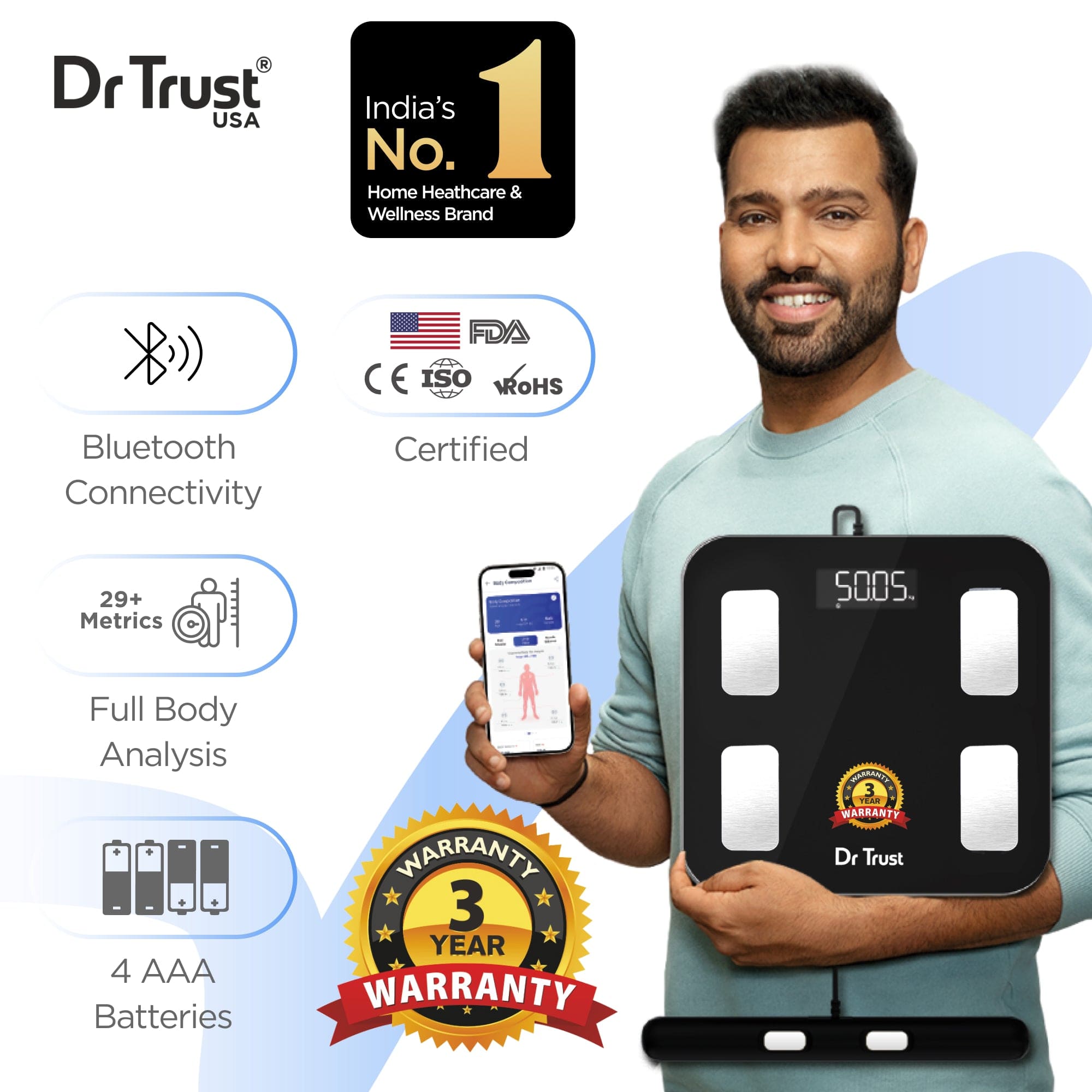 Dr Trust USA Weighing Scale Dr Trust USA 532 Eight Electrode Digital Body Weight BMI Machine & Fat Analyzer with IOS/Android App Sync, 29+ Essential Metrics Composition Analysis Weighing Machine for Health Monitoring