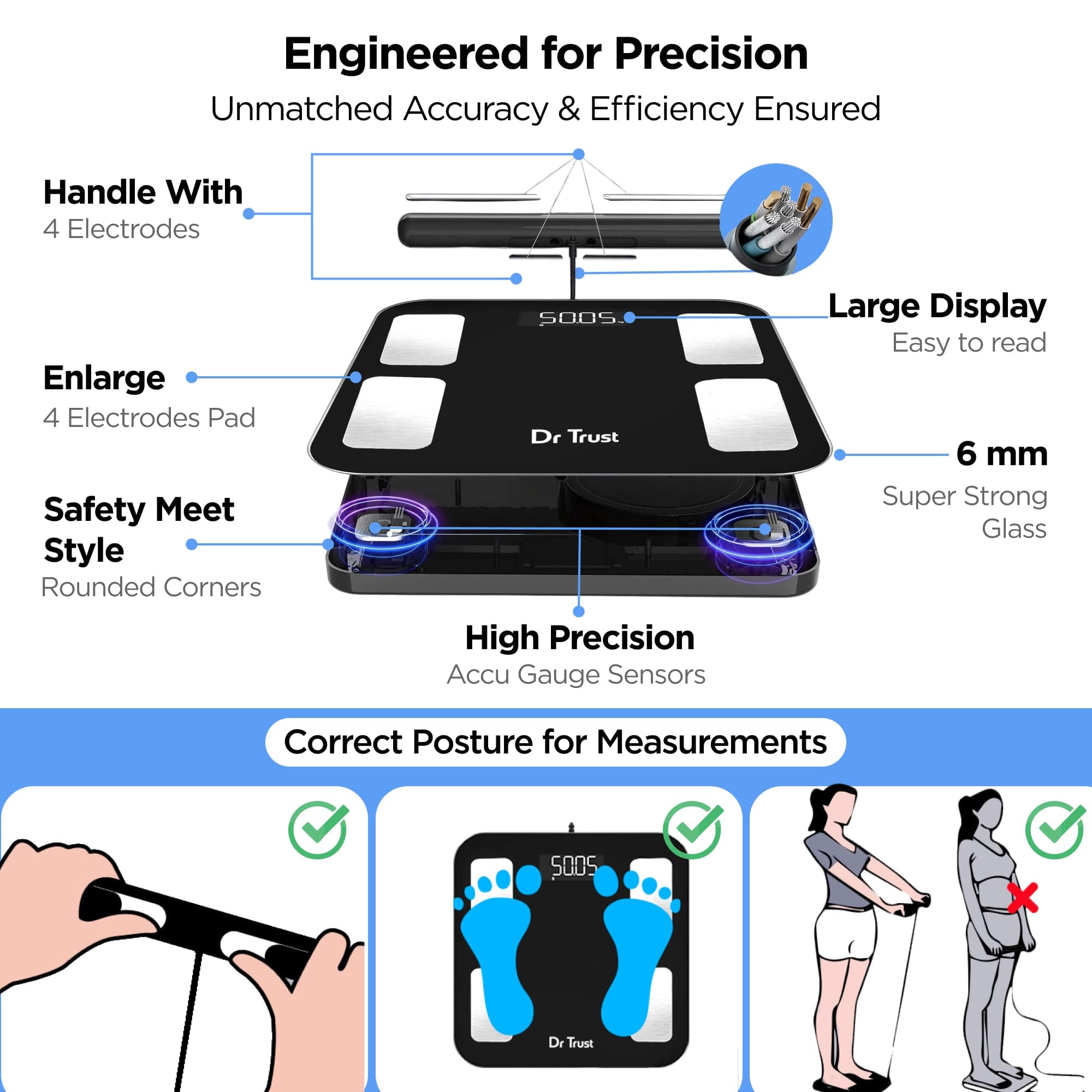 Dr Trust USA Weighing Scale Dr Trust USA 532 Eight Electrode Digital Body Weight BMI Machine & Fat Analyzer with IOS/Android App Sync, 29+ Essential Metrics Composition Analysis Weighing Machine for Health Monitoring