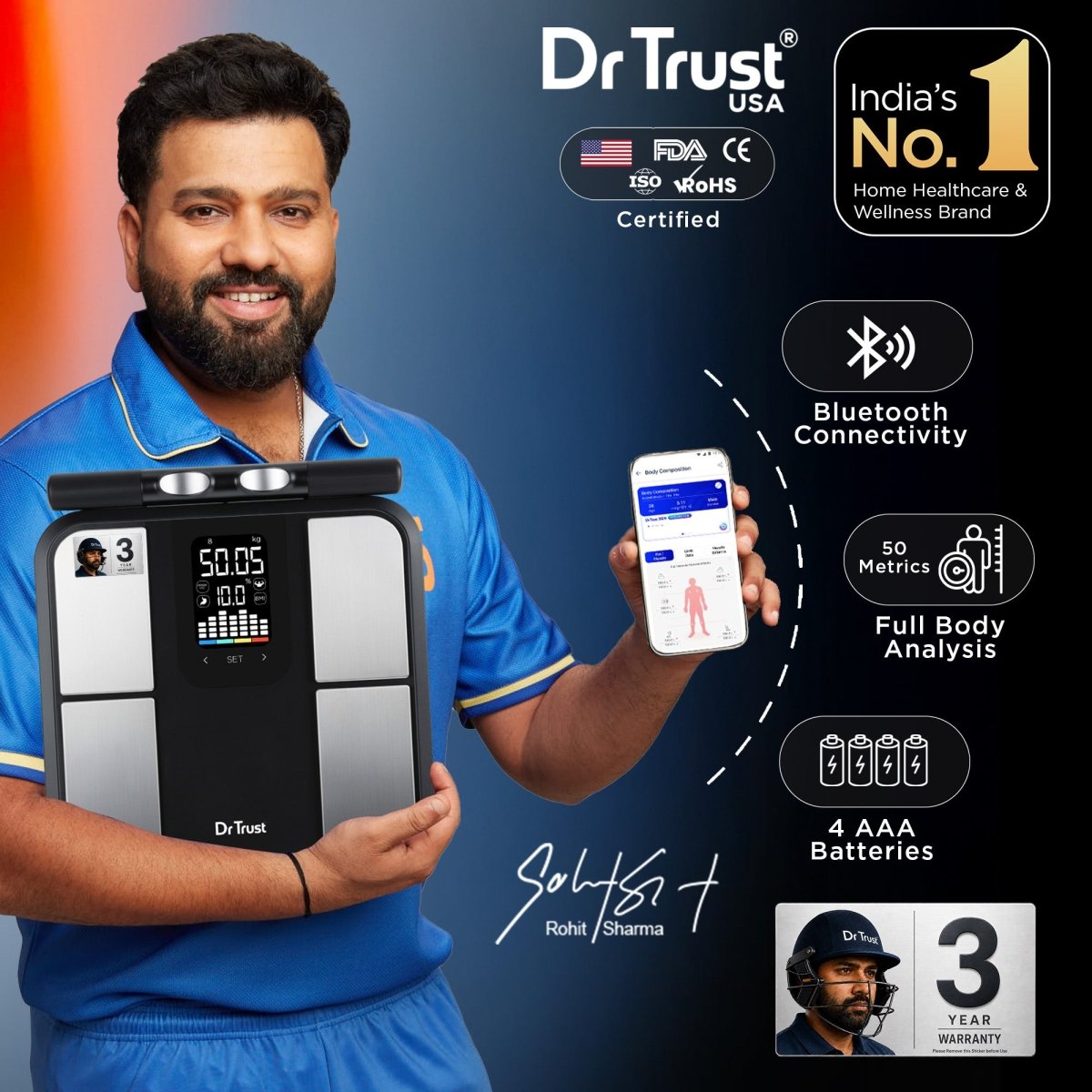 Dr Trust USA 533 OLYMPUS 8-Electrode Smart Body Fat Analyzer & BMI Scale, Dual-Frequency BIA Digital Weighing Scale, Tracks 50 Body Metrics, Full Body Composition Monitor, Dr Trust 360 App Sync
