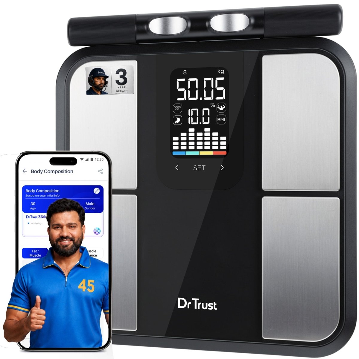 Dr Trust USA 533 OLYMPUS 8-Electrode Smart Body Fat Analyzer & BMI Scale, Dual-Frequency BIA Digital Weighing Scale, Tracks 50 Body Metrics, Full Body Composition Monitor, Dr Trust 360 App Sync