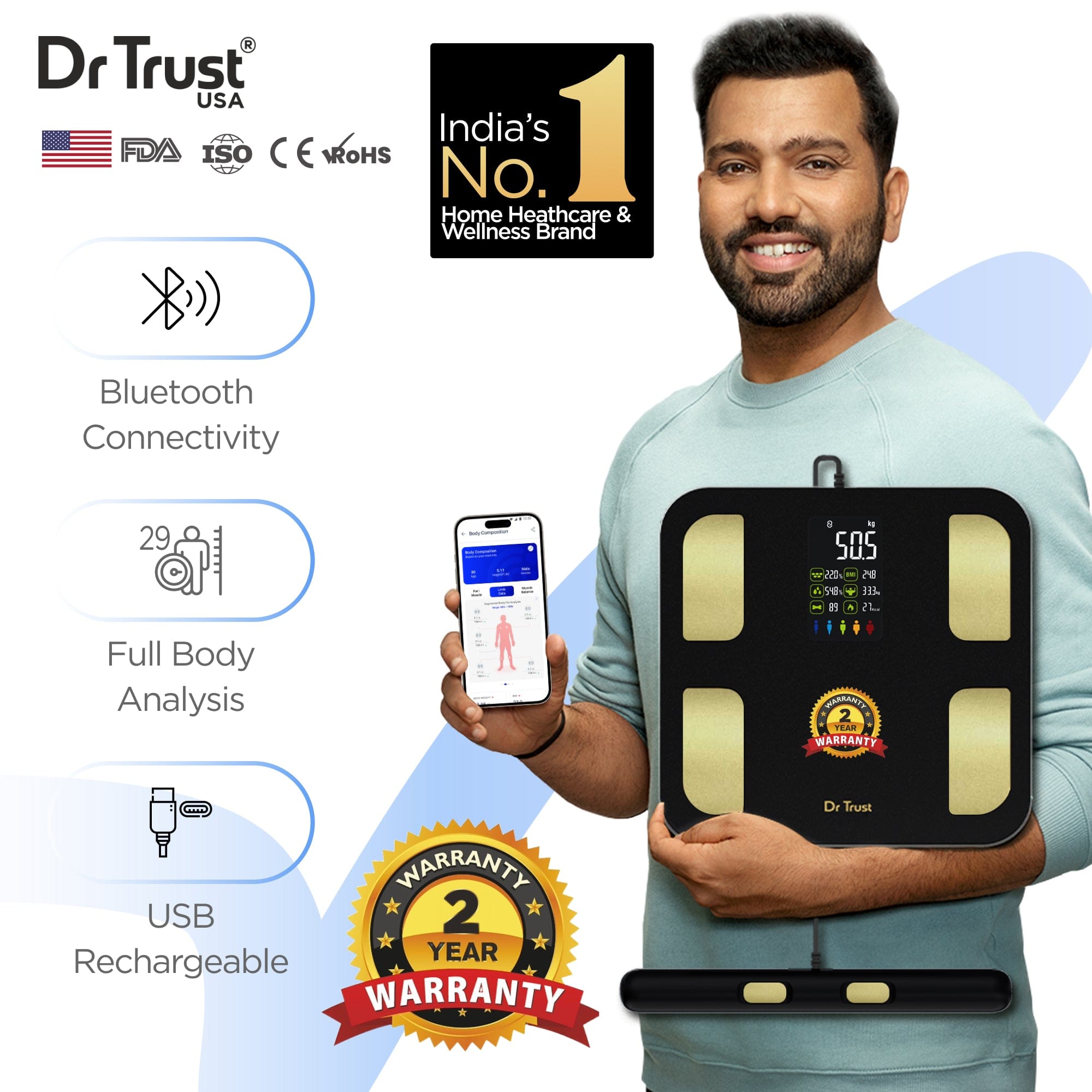 Dr Trust USA Weighing Scale Dr Trust USA 8 Electrode Digital Body Weight BMI Machine & Fat Analyzer with IOS/Android App Sync, Rechargeable, 29 Essential Metrics Composition Analysis Weighing Machine for Health Monitoring 527 (Black)