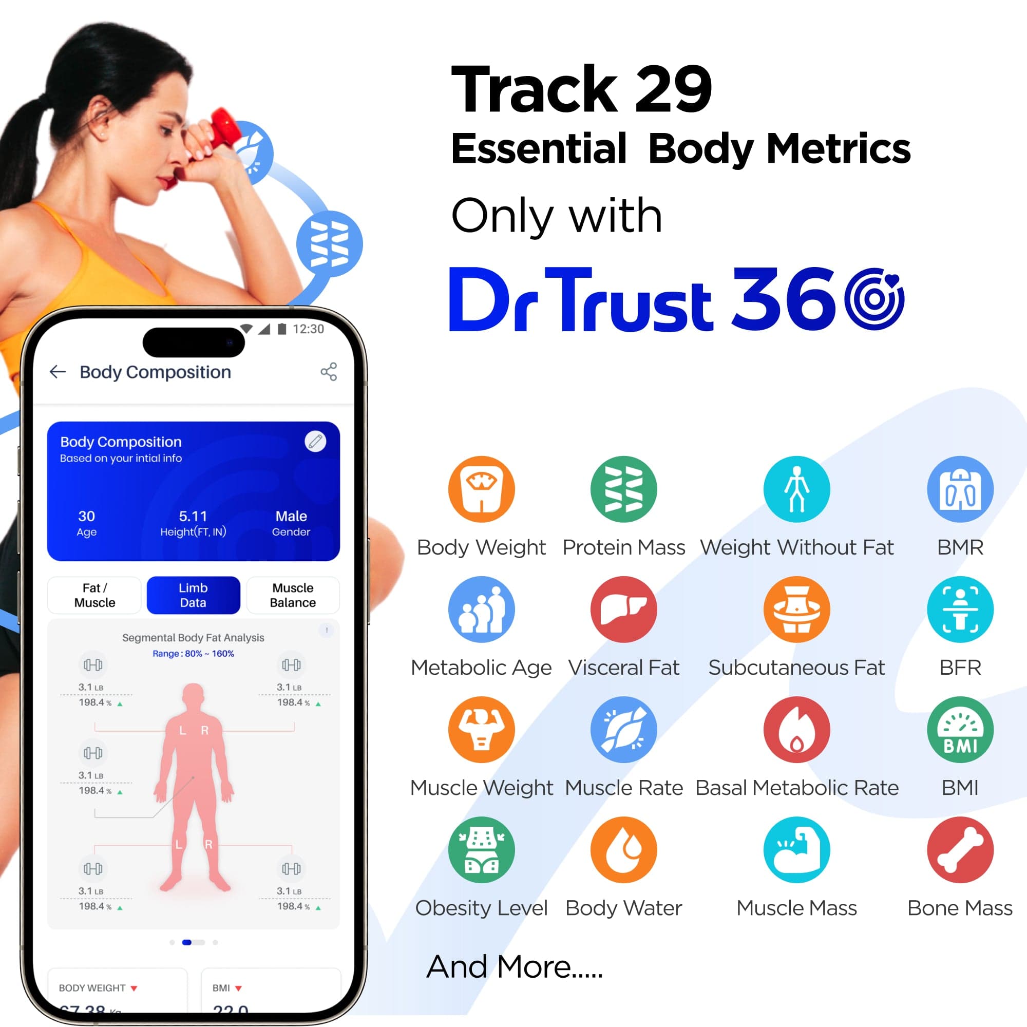 Dr Trust USA Weighing Scale Dr Trust USA 8 Electrode Digital Body Weight BMI Machine & Fat Analyzer with IOS/Android App Sync, Rechargeable, 29 Essential Metrics Composition Analysis Weighing Machine for Health Monitoring 527 (Black)