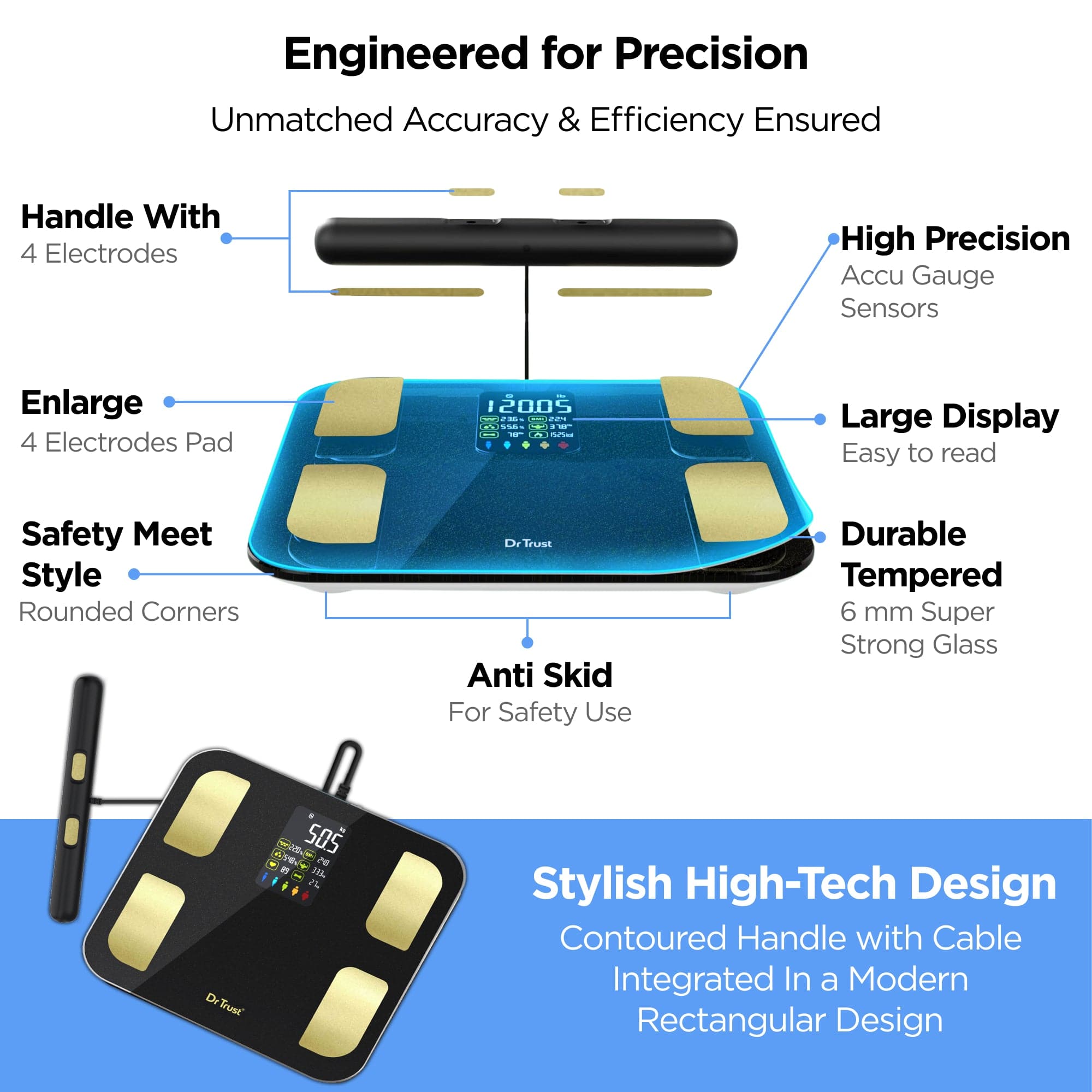 Dr Trust USA Weighing Scale Dr Trust USA 8 Electrode Digital Body Weight BMI Machine & Fat Analyzer with IOS/Android App Sync, Rechargeable, 29 Essential Metrics Composition Analysis Weighing Machine for Health Monitoring 527 (Black)