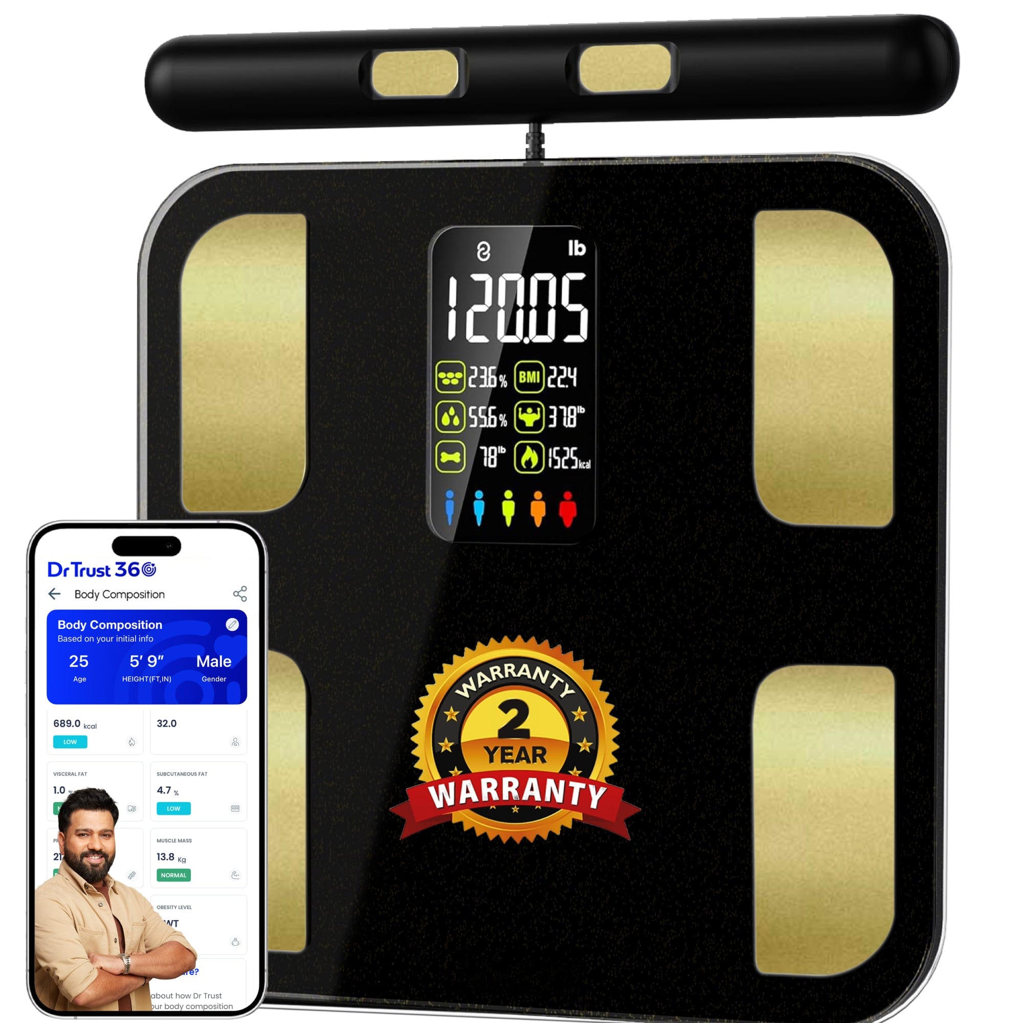 Dr Trust USA Weighing Scale Dr Trust USA 8 Electrode Digital Body Weight BMI Machine & Fat Analyzer with IOS/Android App Sync, Rechargeable, 29 Essential Metrics Composition Analysis Weighing Machine for Health Monitoring 527 (Black)