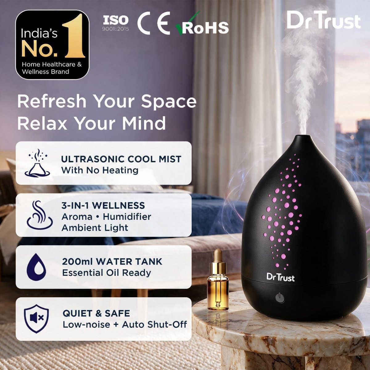 Dr Trust USA 913 HomeSpa Noirmist Aroma Diffuser Ultrasonic Essential Oil Cool Mist Humidifier with 5 Colour Ambient LED Light, 200mL Water Tank, Aromatherapy Diffuser for Bedroom, Home, Office & Yoga